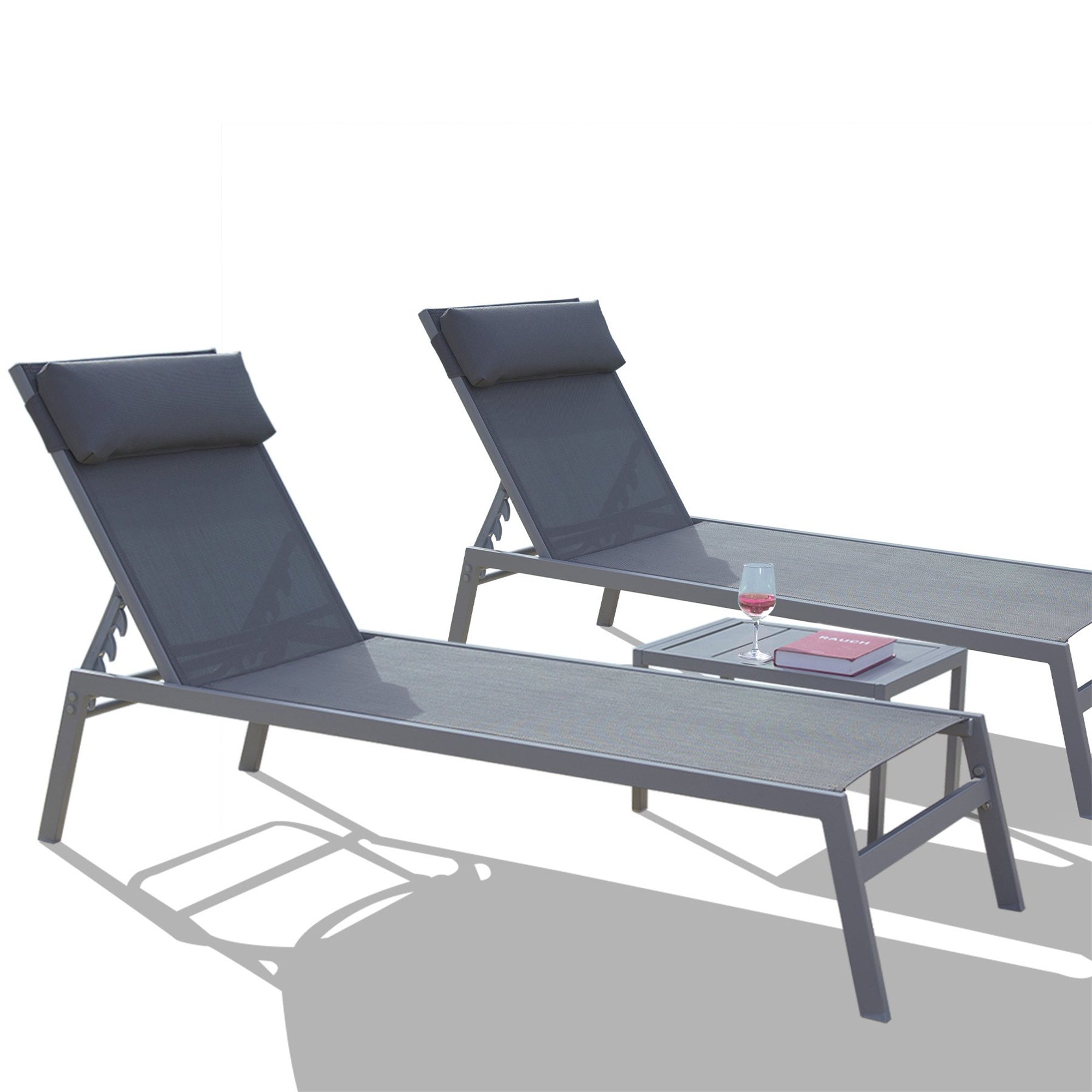 Grey Patio Chaise Lounge Set w/ Table