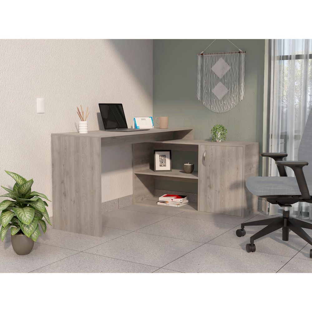 Ridley L-Shaped Writing Desk, Light Gray, 2-Shelf