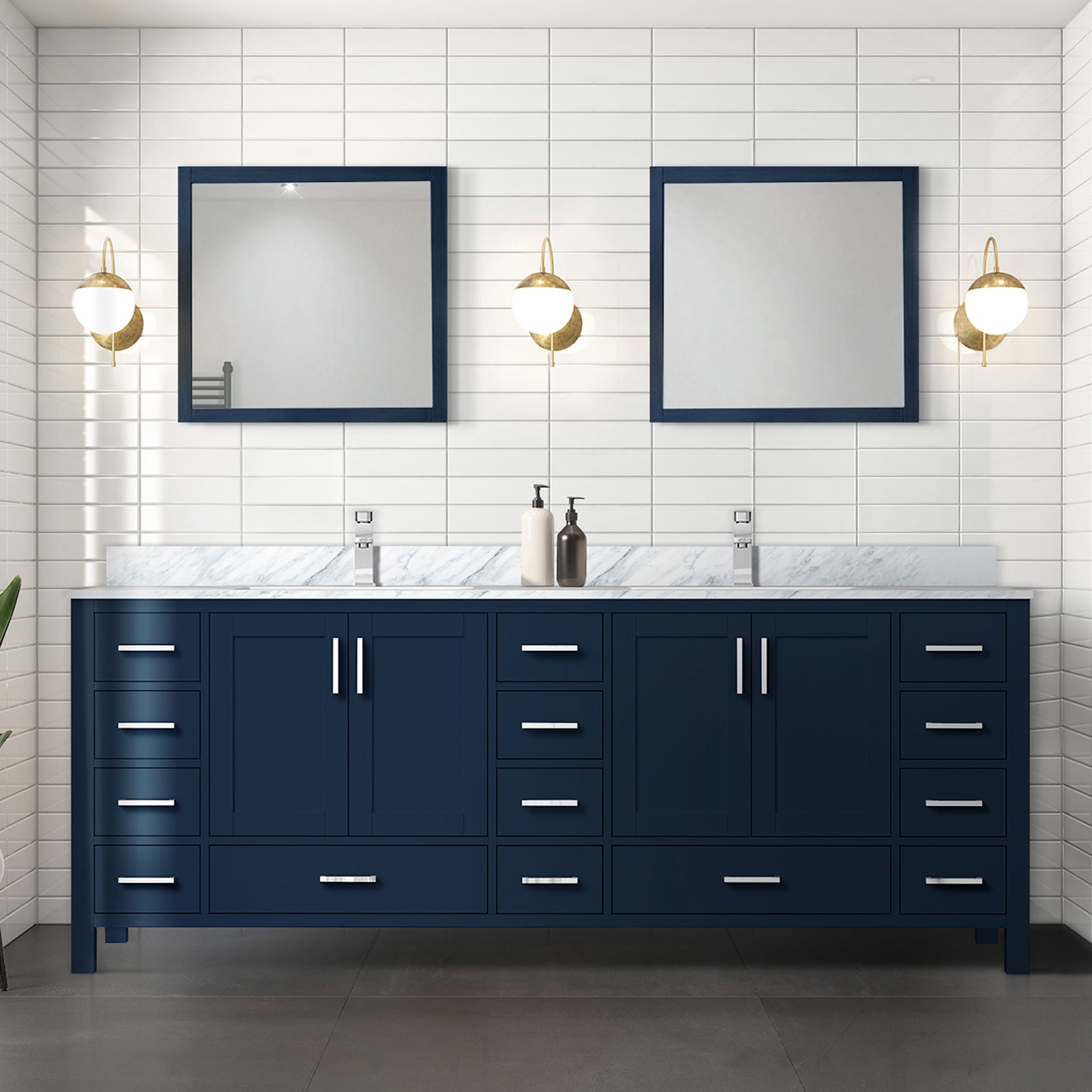 Navy Blue Double Vanity: 84" Carrara Marble Top