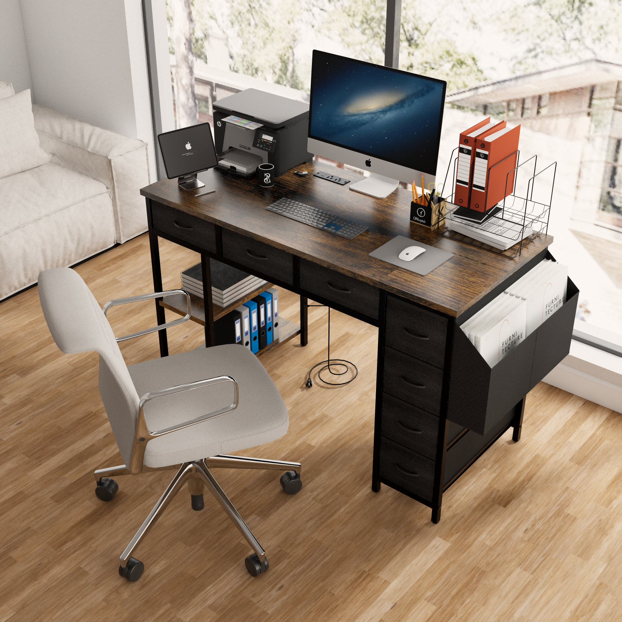 47" Computer Desk with Drawers & Power Outlet - Rustic Brown