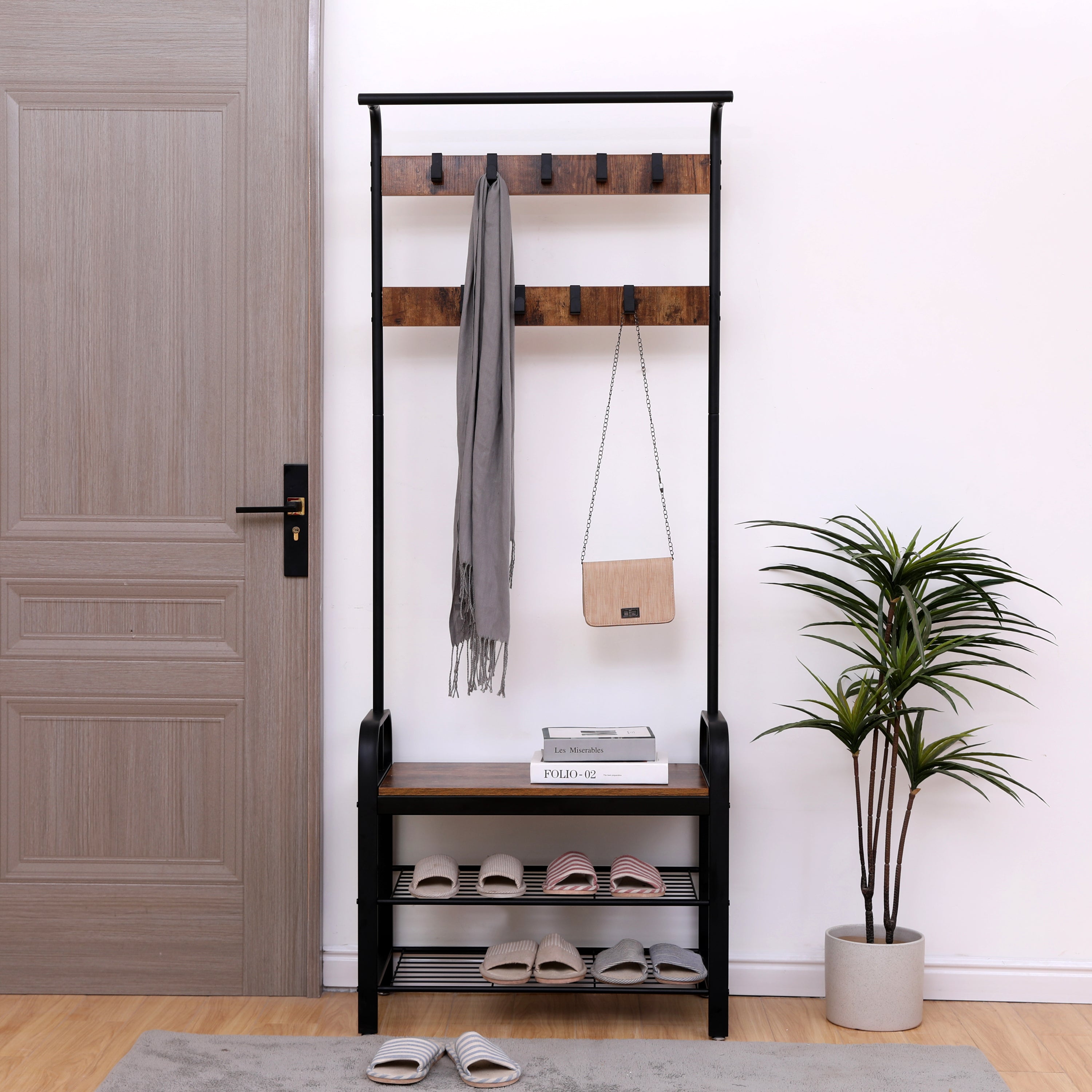 4-in-1 Coat Rack Hall Tree w/ Shoe Bench - Rustic Brown/Black