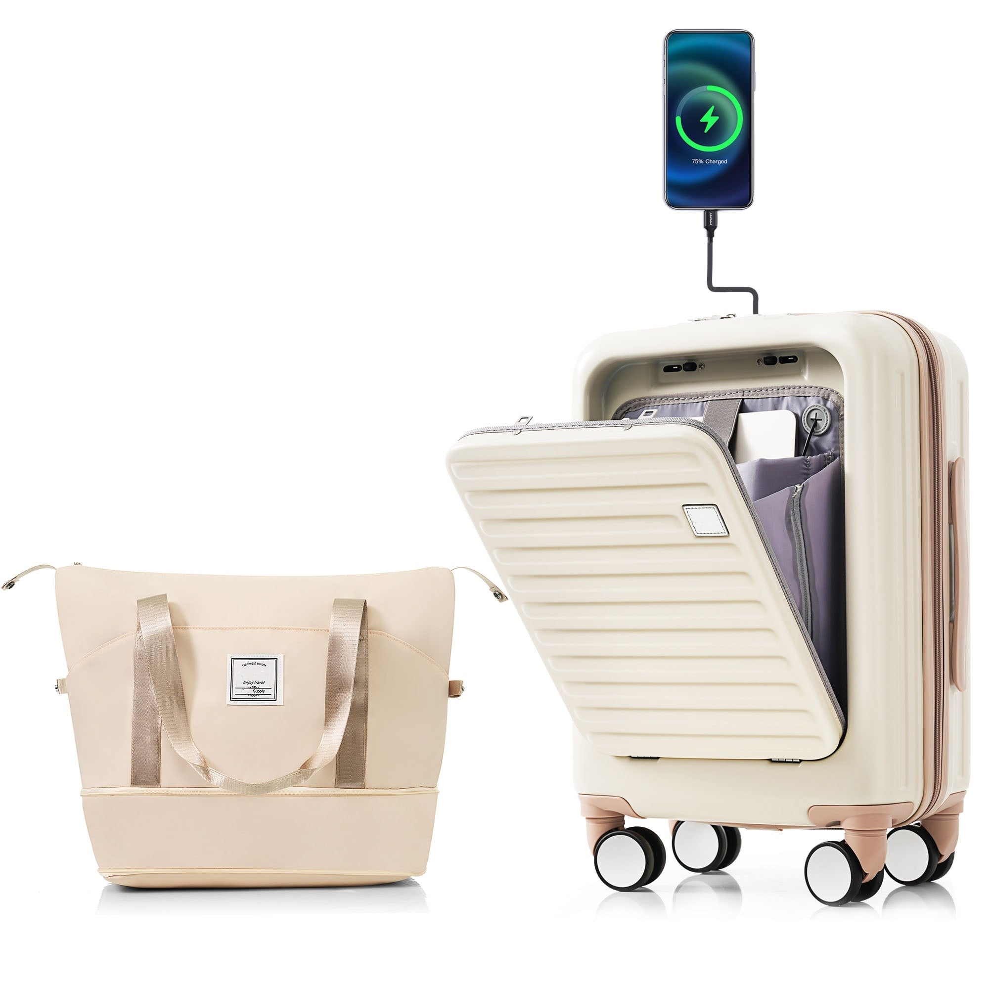 Expandable Carry-On Suitcase Set w/ USB & Cup Holder