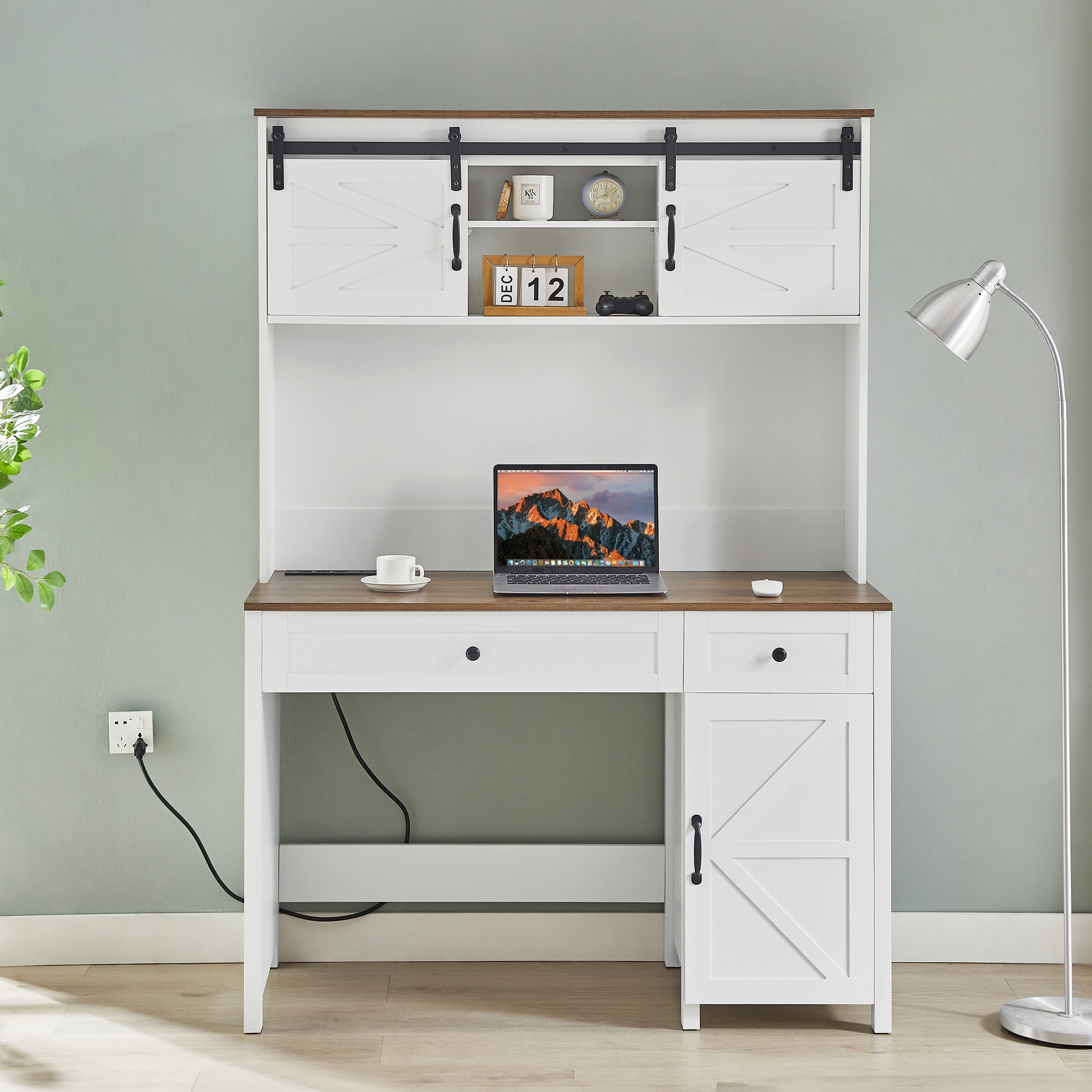 Farmhouse Executive Desk w/ Charging Station & Drawers - White