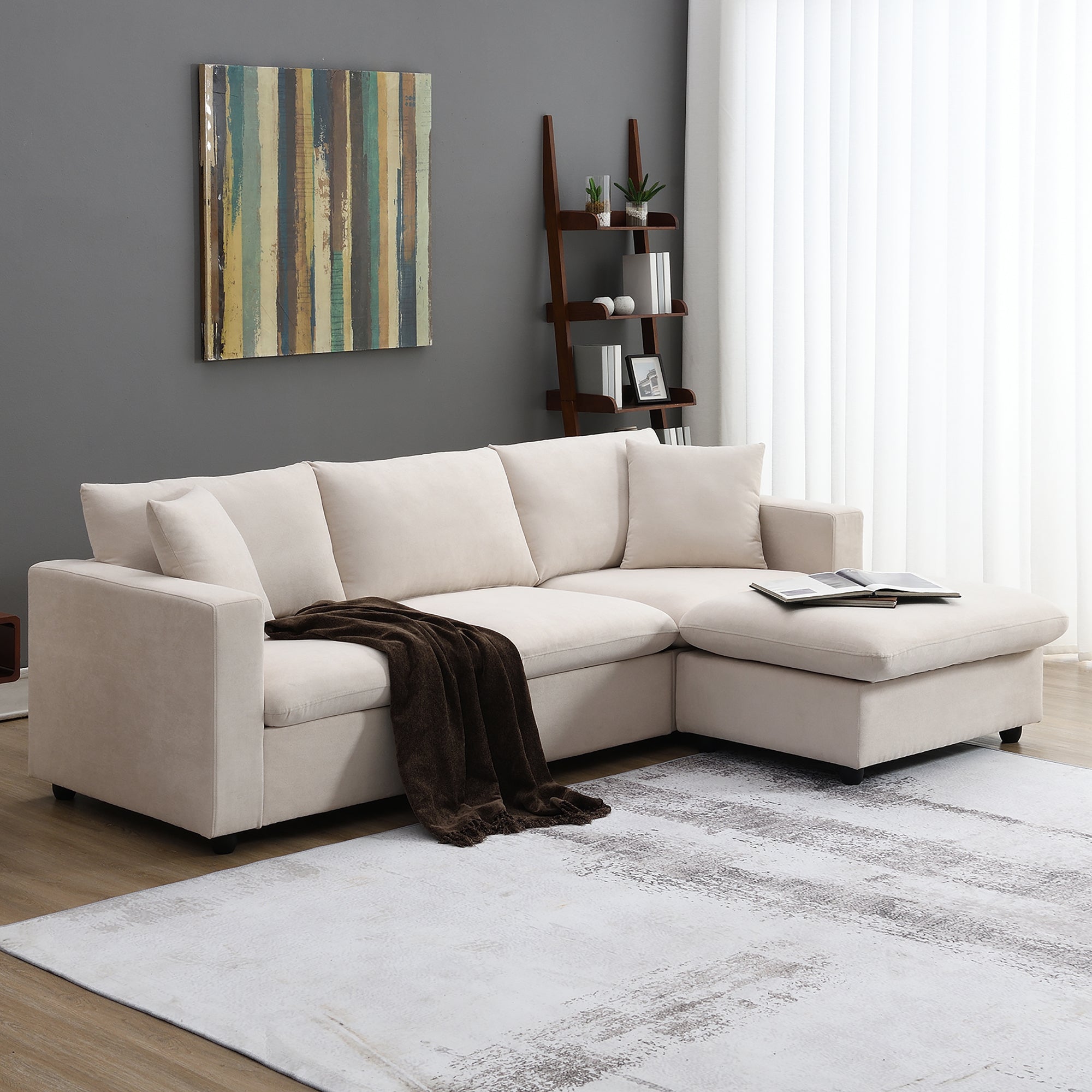 Modern Sectional Sofa, L-Shape Couch w/ Ottoman & Pillows