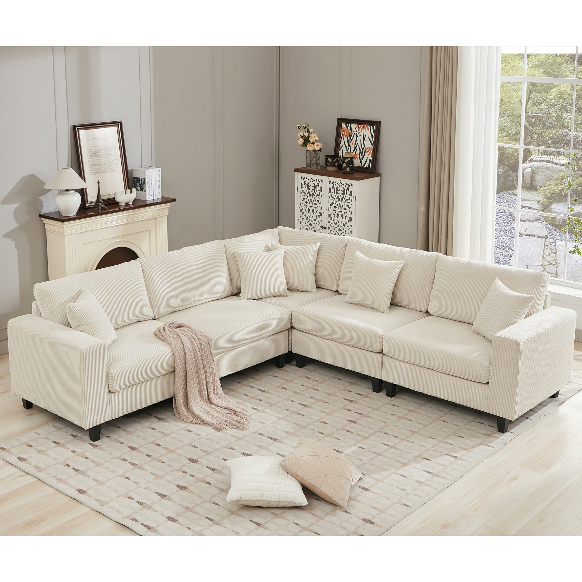 Oversized Modular Sectional Sofa Set, Beige Corduroy Couch