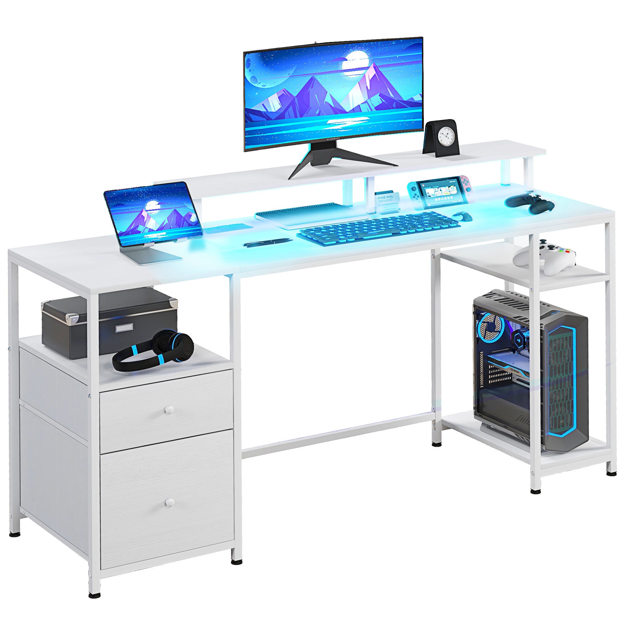 61" Gaming Desk w/ LED Lights & Power Outlets - White