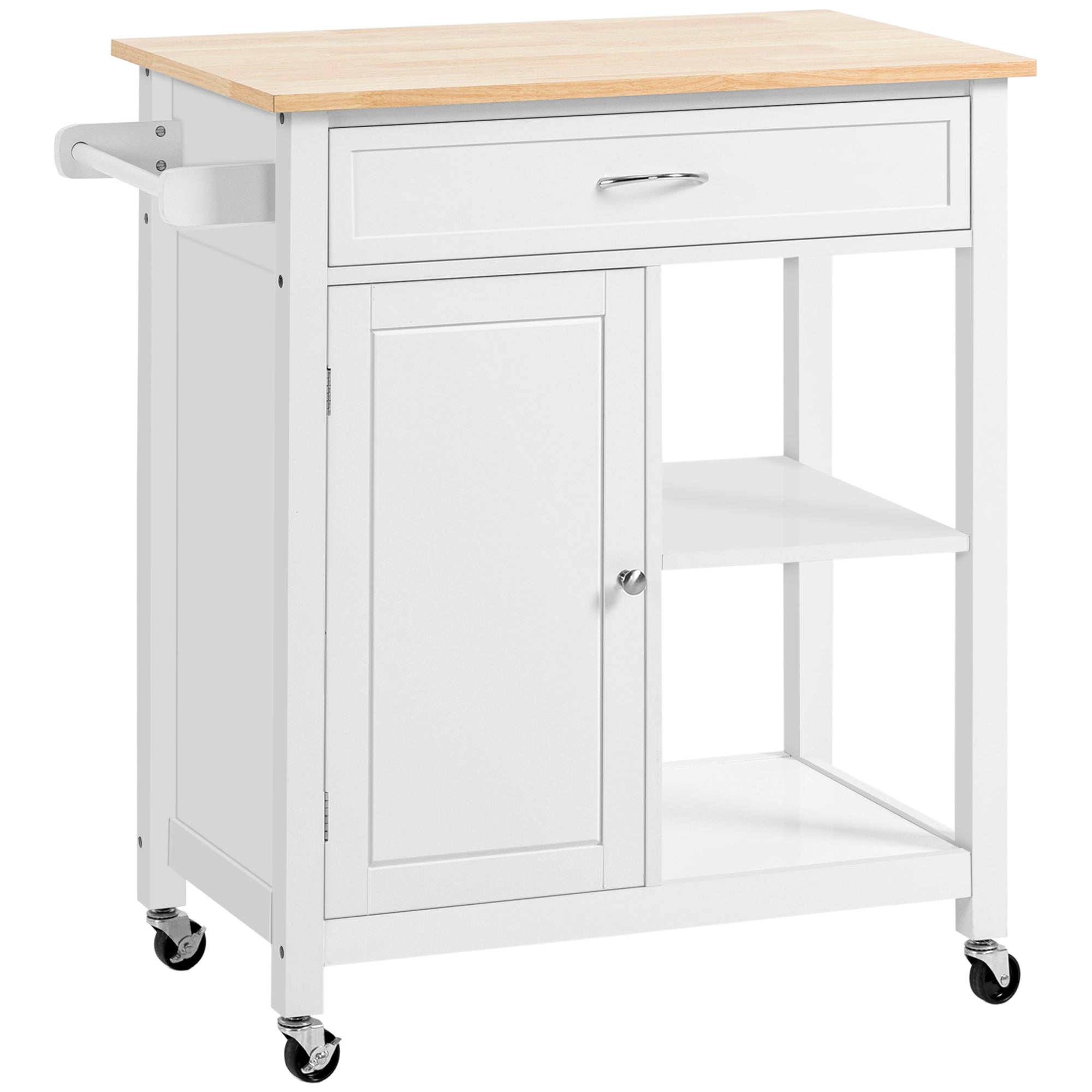 Rolling Kitchen Island Cart: Solid Wood Top, Storage Drawer, White