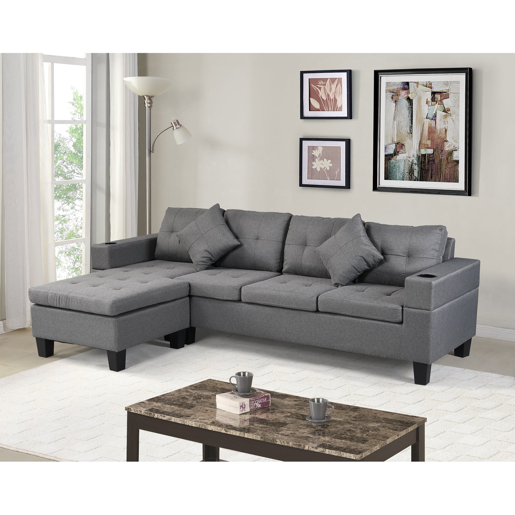 Modern Sectional Sofa Set w/ Chaise & Cupholder