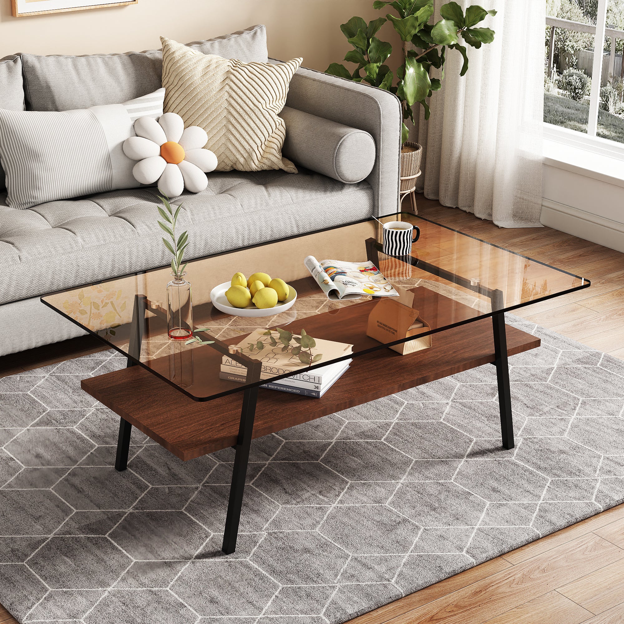 Modern Rectangle Coffee Table: Brown Glass Top & Black Legs