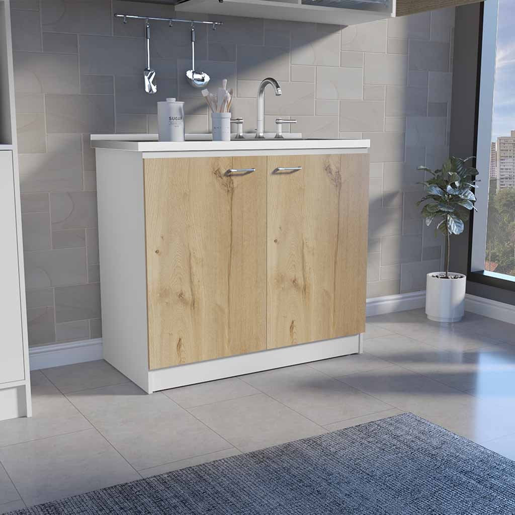 White Freestanding Sink & Oak Double Cabinet