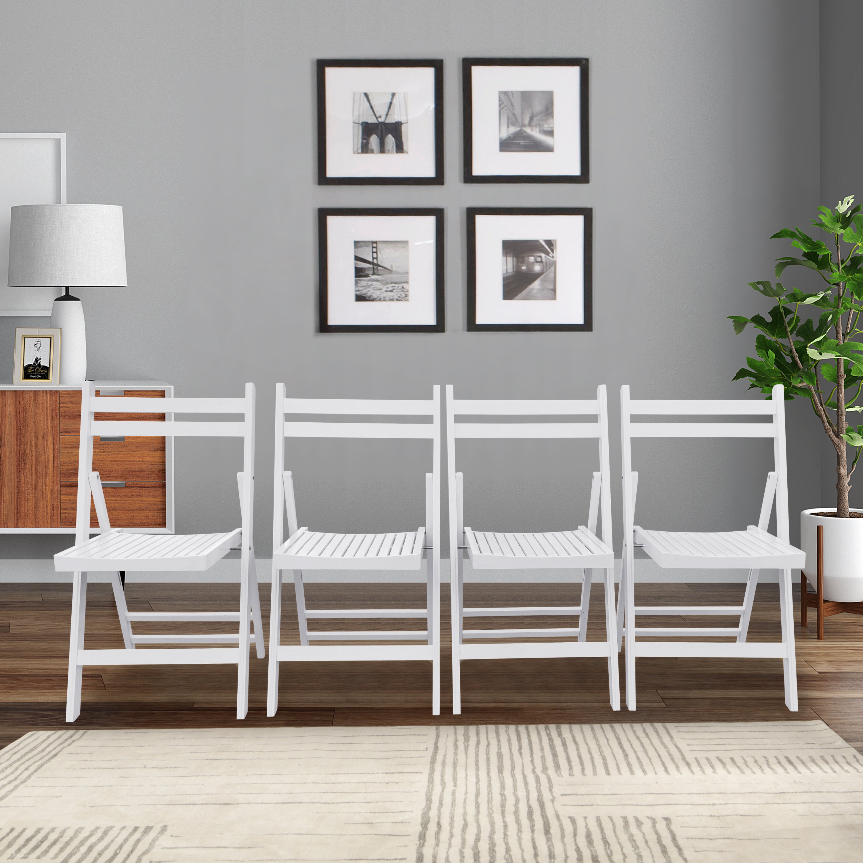 White Folding Slatted Wood Chairs (Set of 4)