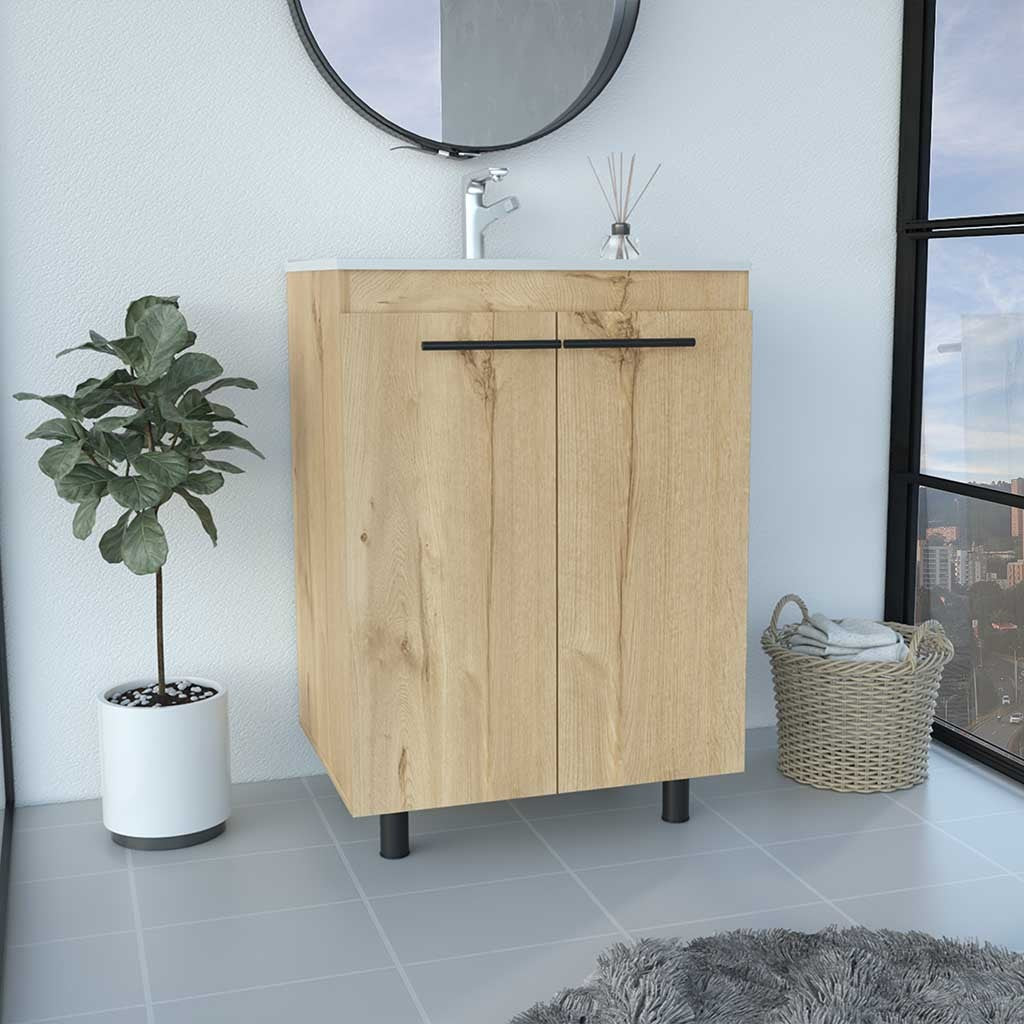 Light Oak Freestanding Sink Cabinet: 4 Legs, Double Door, 2 Shelves