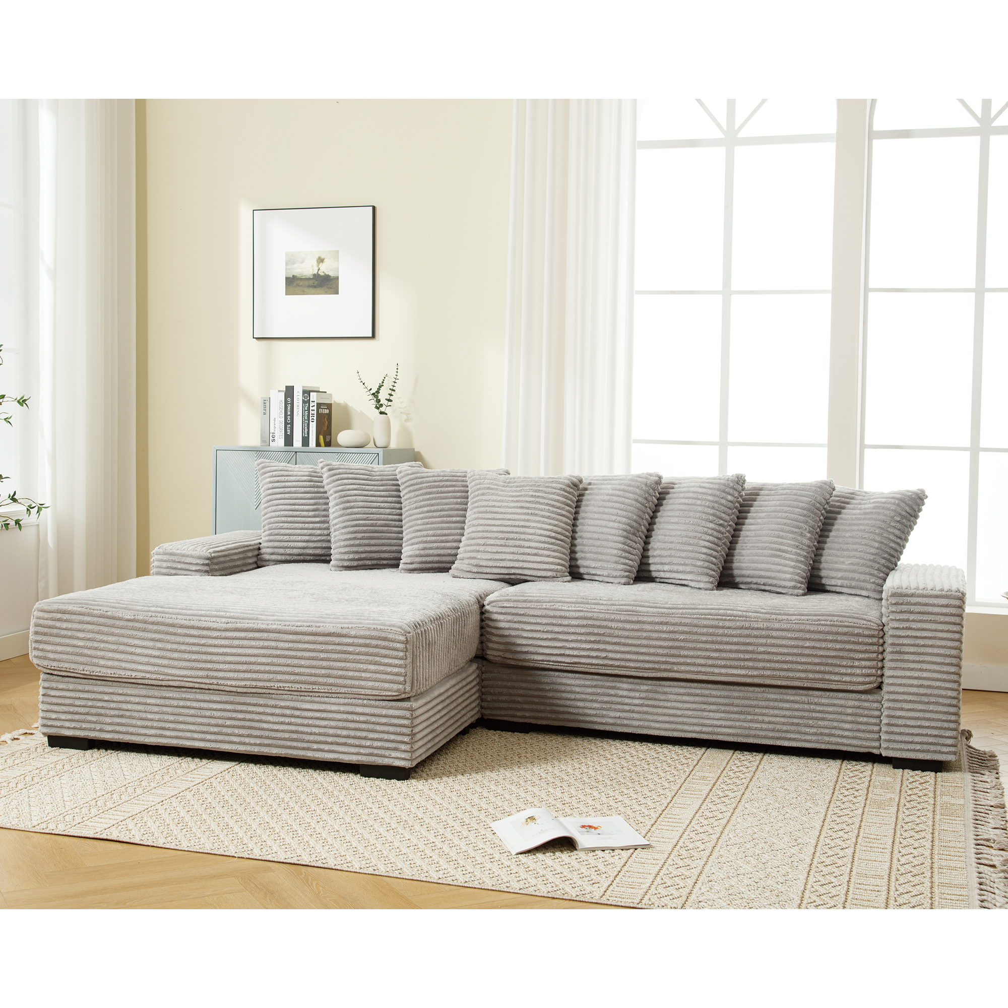 Oversized Corduroy L-Shaped Sofa w/ Chaise & 8 Pillows - Gray