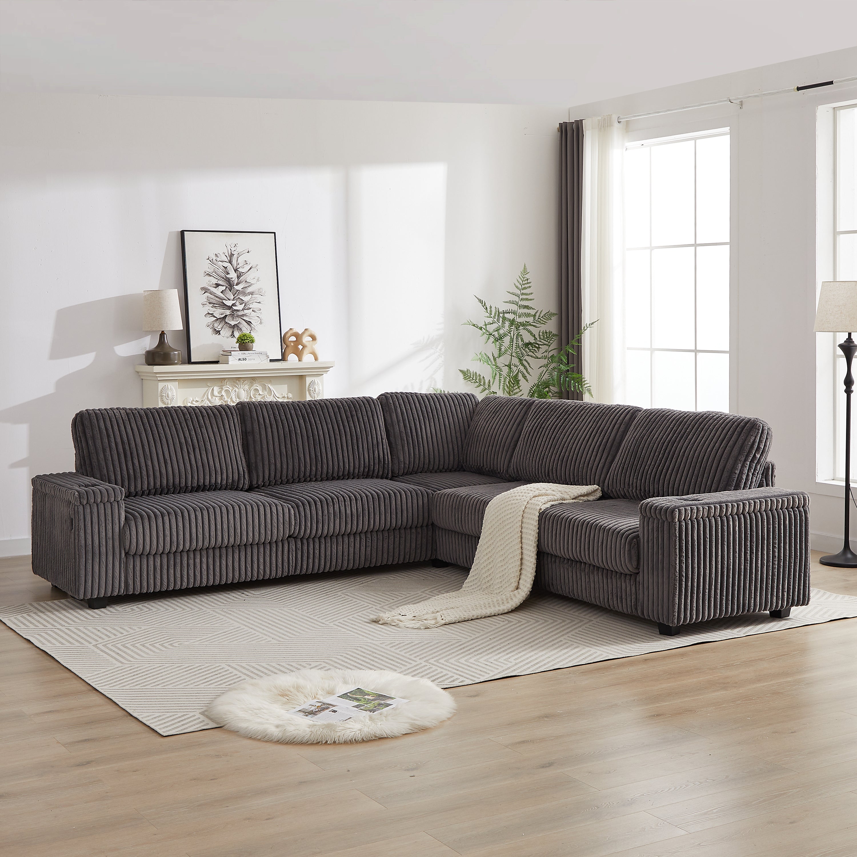 110" Oversized Corduroy Corner Sofa w/ Storage & USB