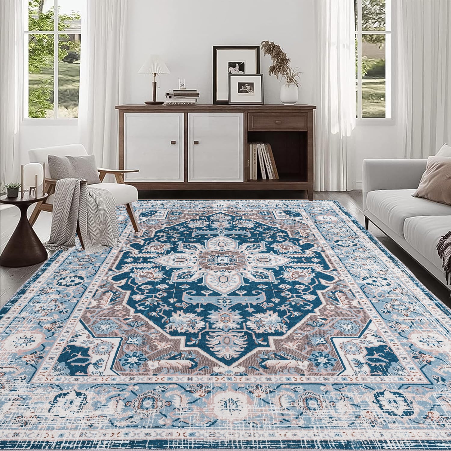 8x10 Bohemian Persian Rug: Vintage Blue Flower