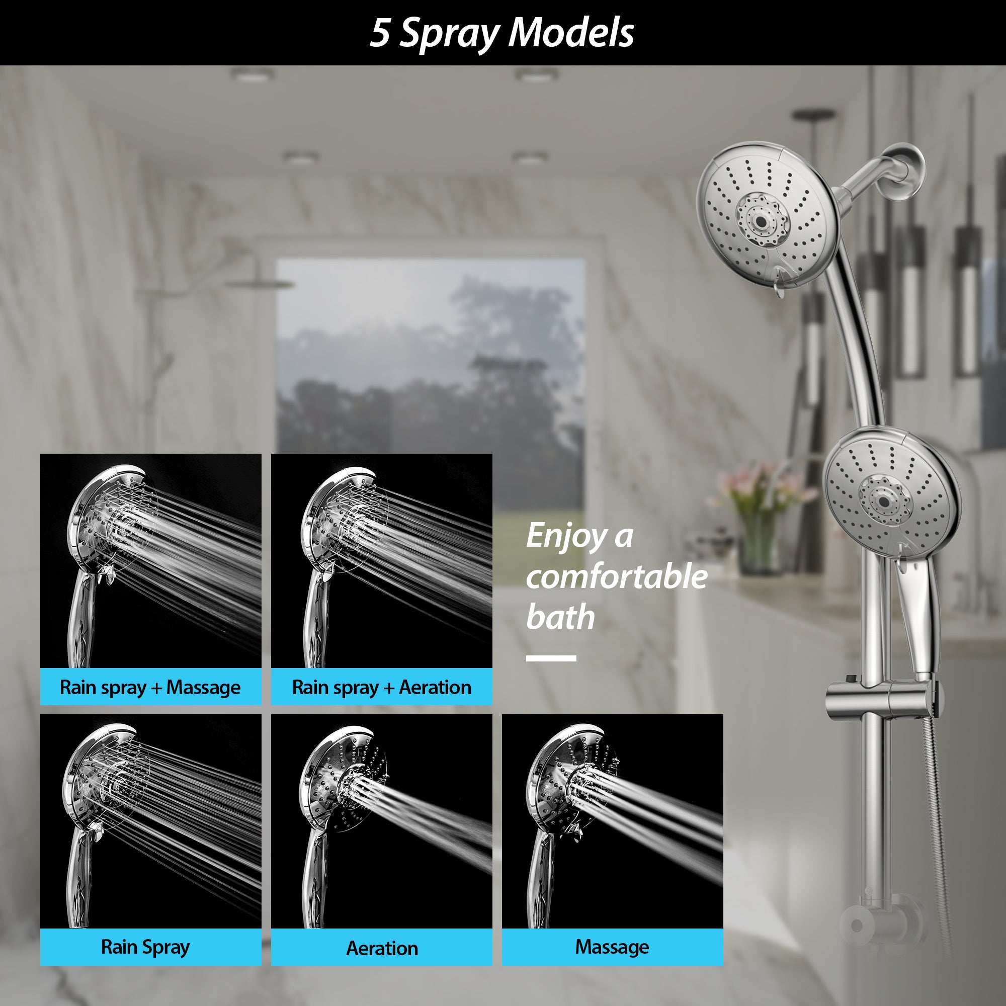 5' Dual Shower Head w/Slide Bar, Chrome