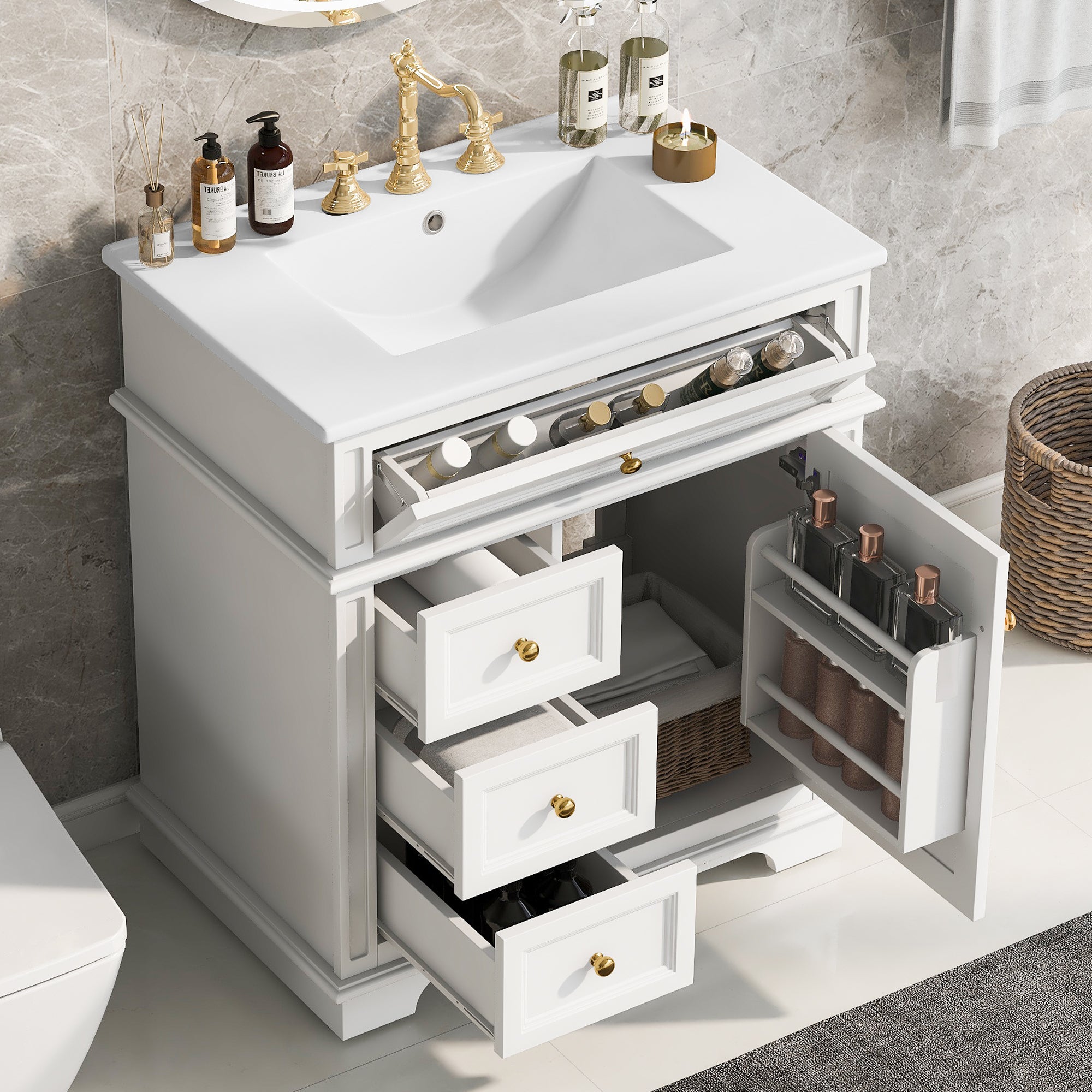 White 30" Bathroom Vanity: 4 Drawers & Soft Close