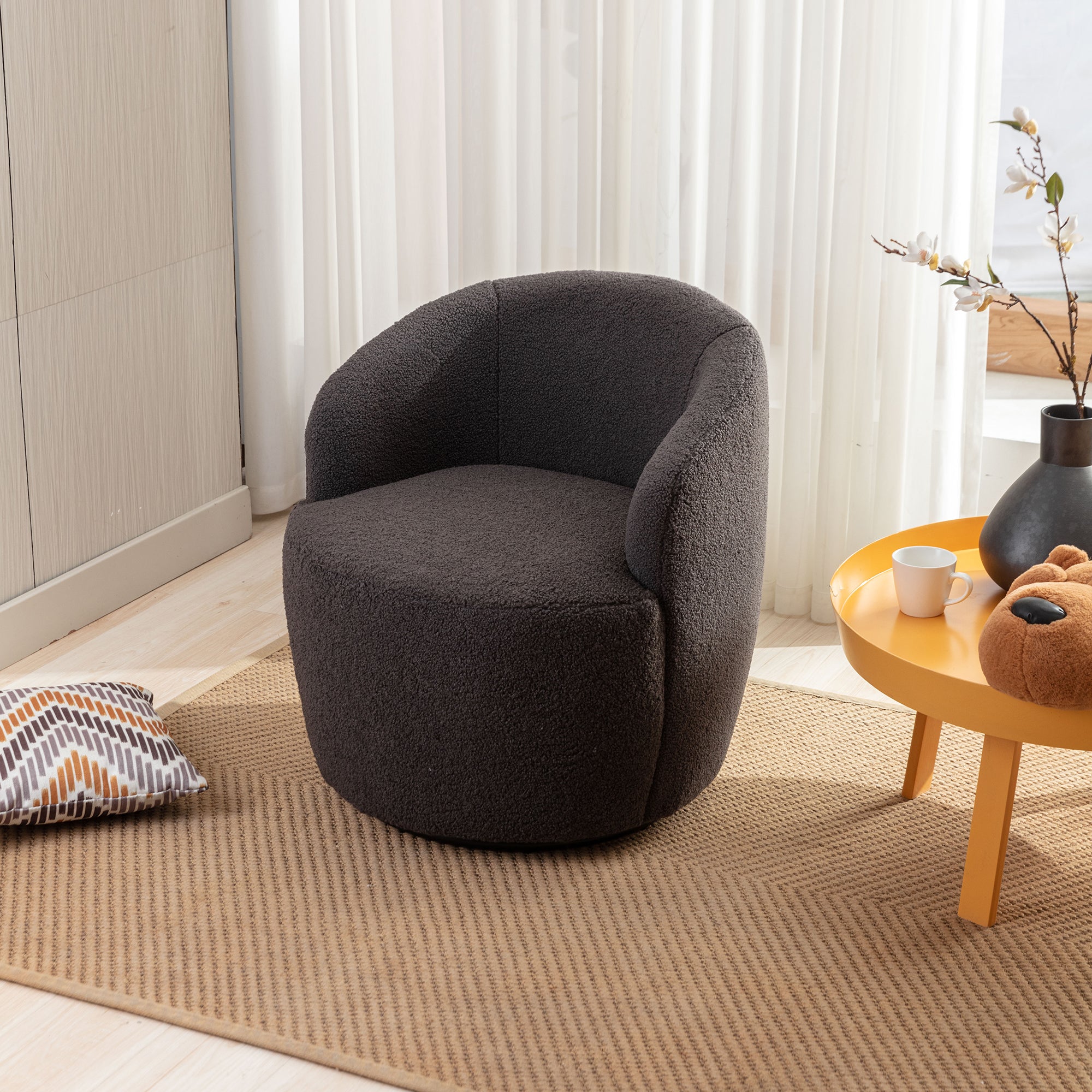 Swivel Accent Armchair, Teddy Fabric Barrel Chair, Dark Gray