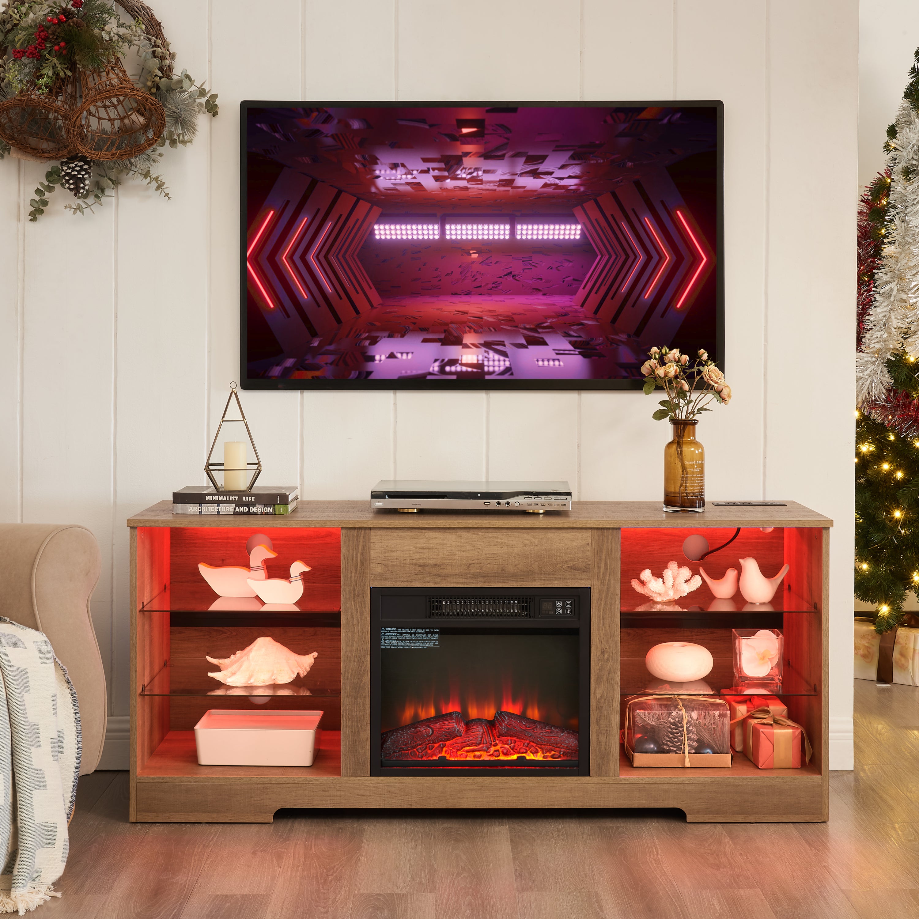 58" TV Stand w/ Fireplace & USB - Oak