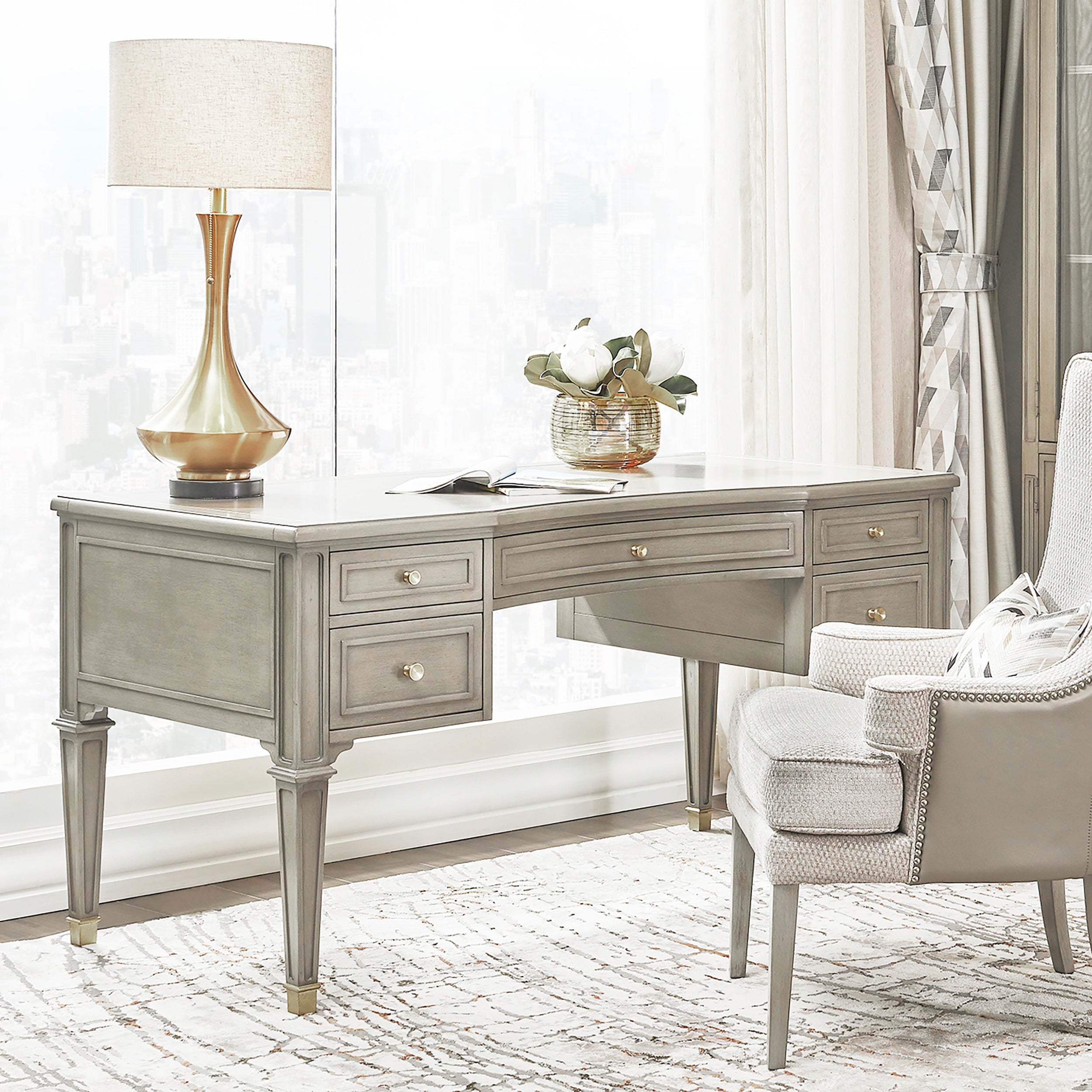 Dauphin 5-Drawer Wood Executive Desk, Grey Cashmere