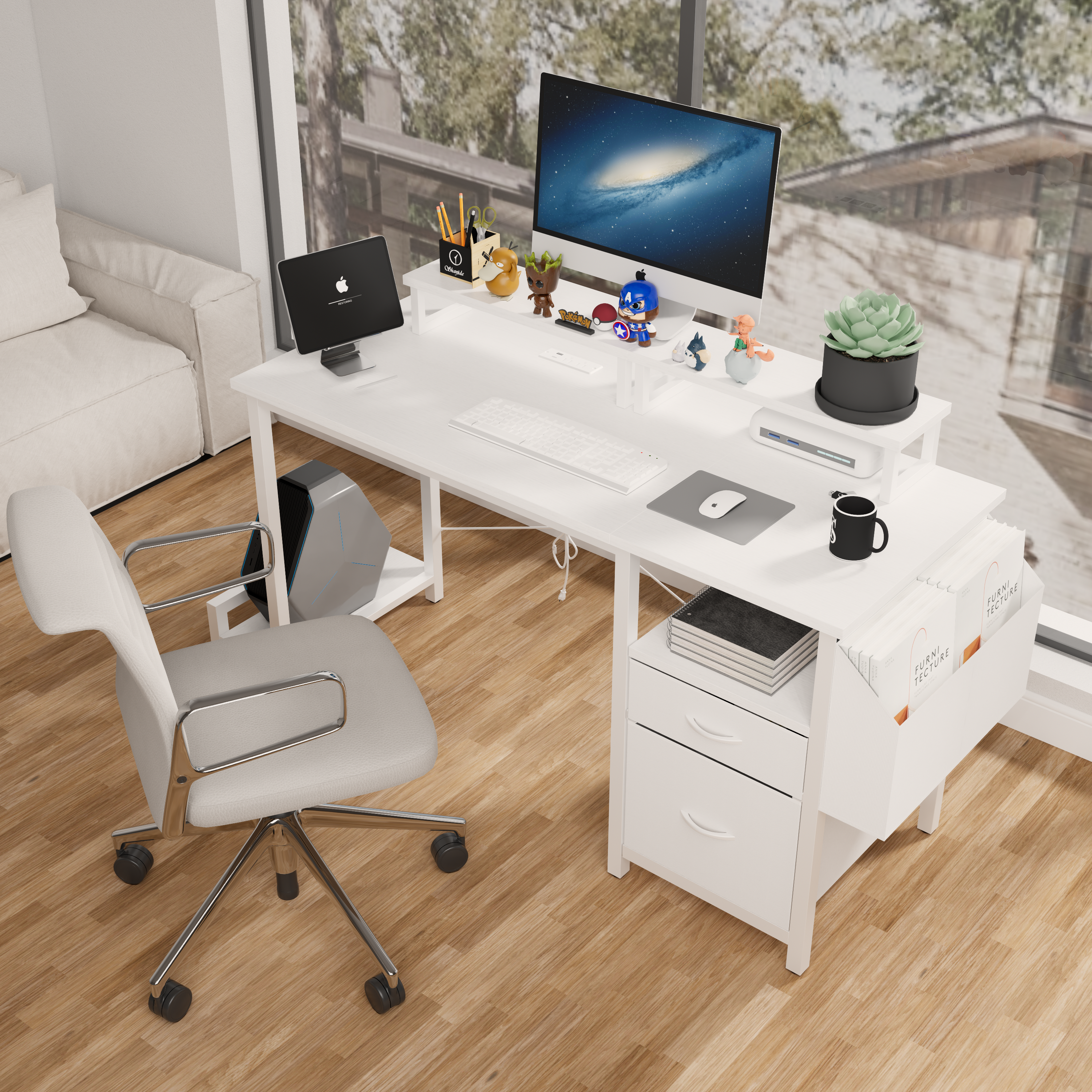 47" White Office Desk w/ Power Outlet, Drawers & Monitor Stands