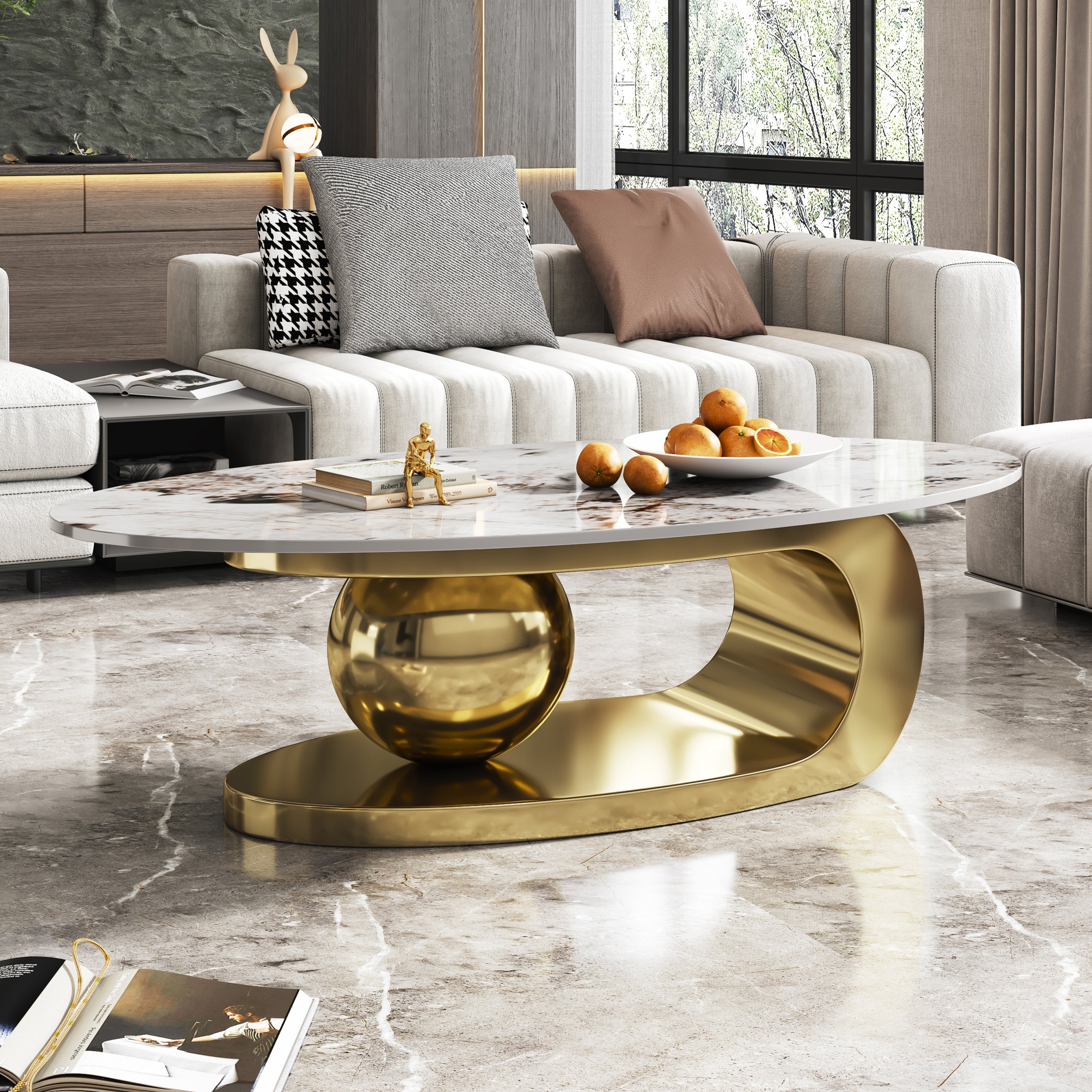 51" Oval Faux Marble Coffee Table | Stainless Steel Base