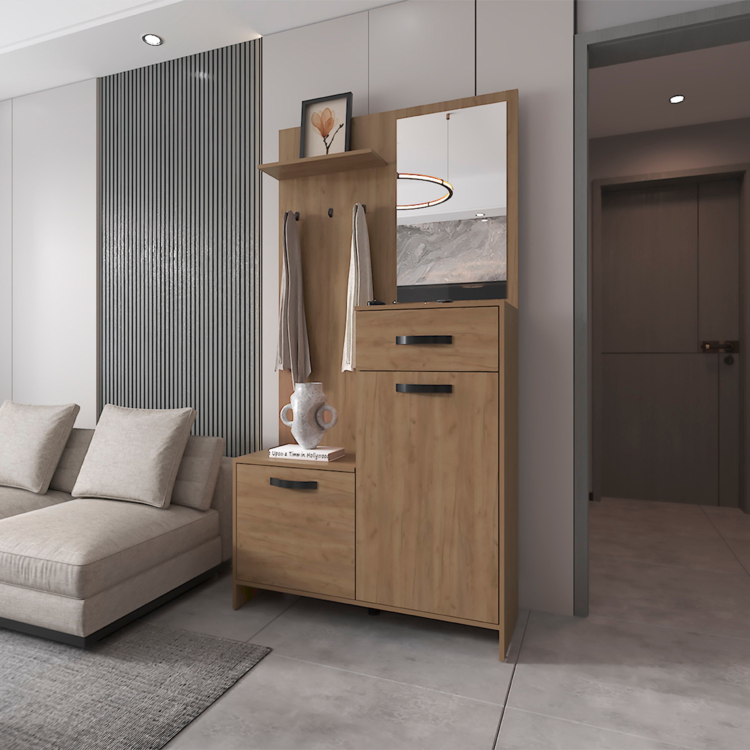 Elko Hall Tree with Mirror, Natural Oak | FM Furniture