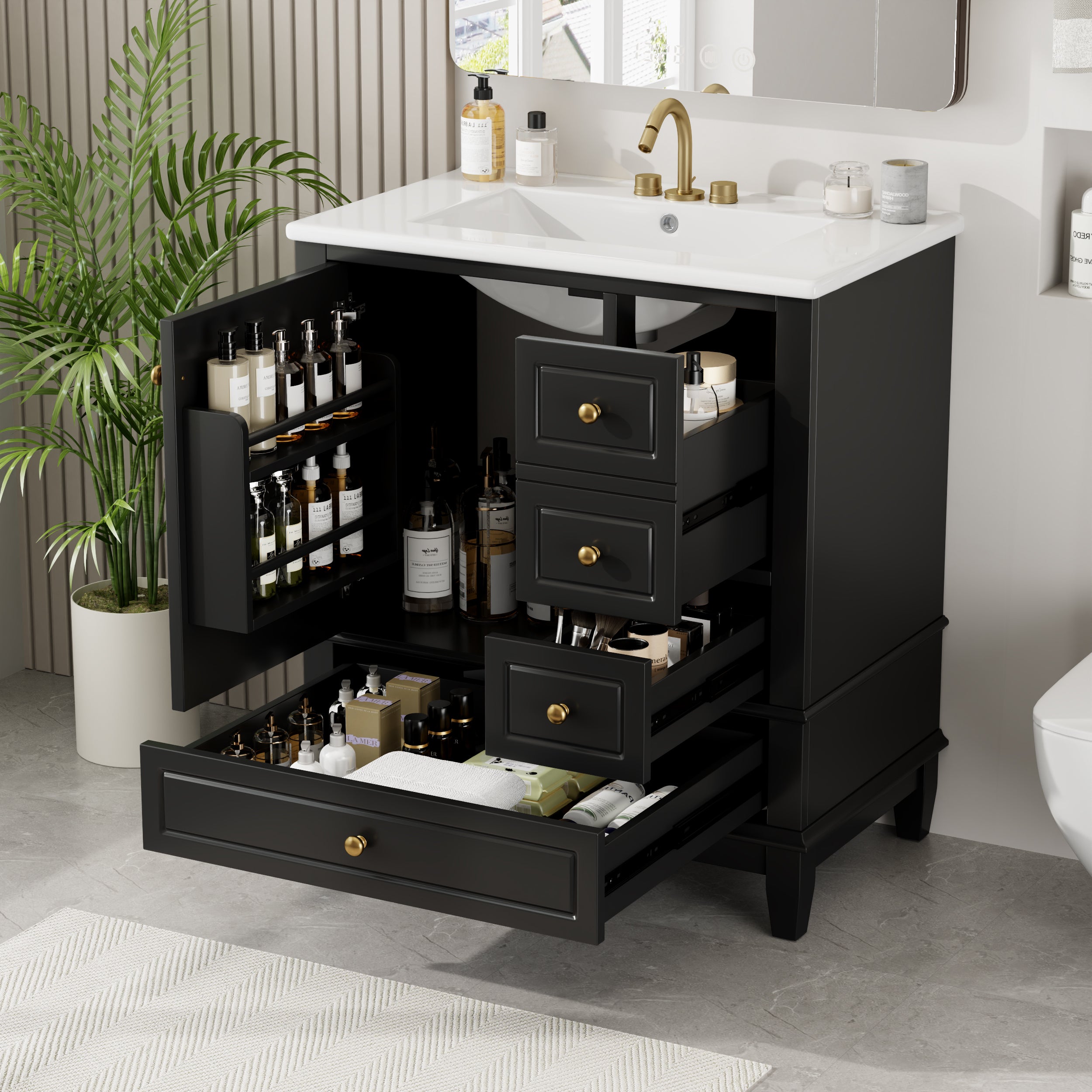 Black 30" Bathroom Vanity: 1 Door, 3 Drawers