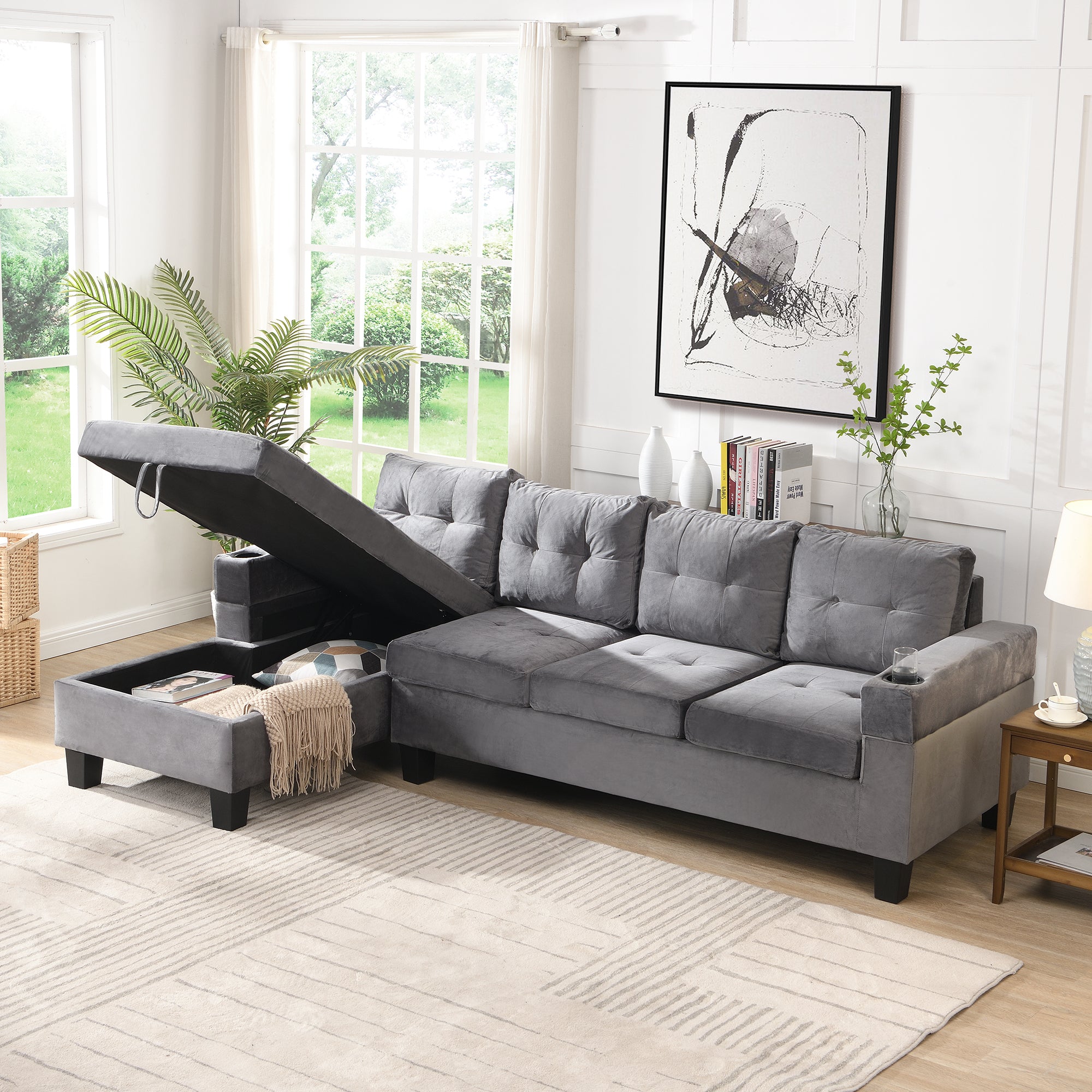 Modern Grey Sectional Sofa w/ Chaise & Storage