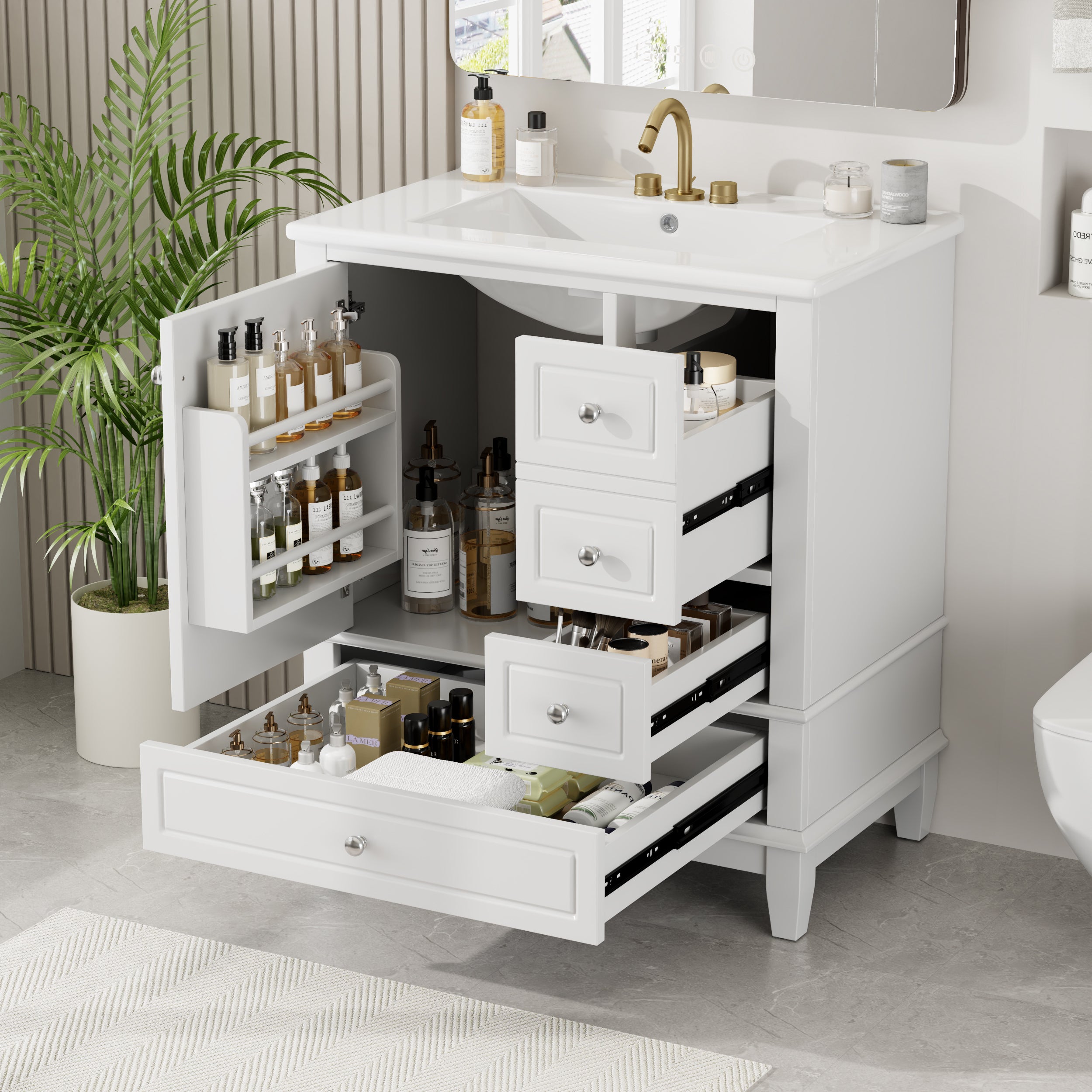 White 30" Vanity: 1 Door, 3 Drawers, Soft Close