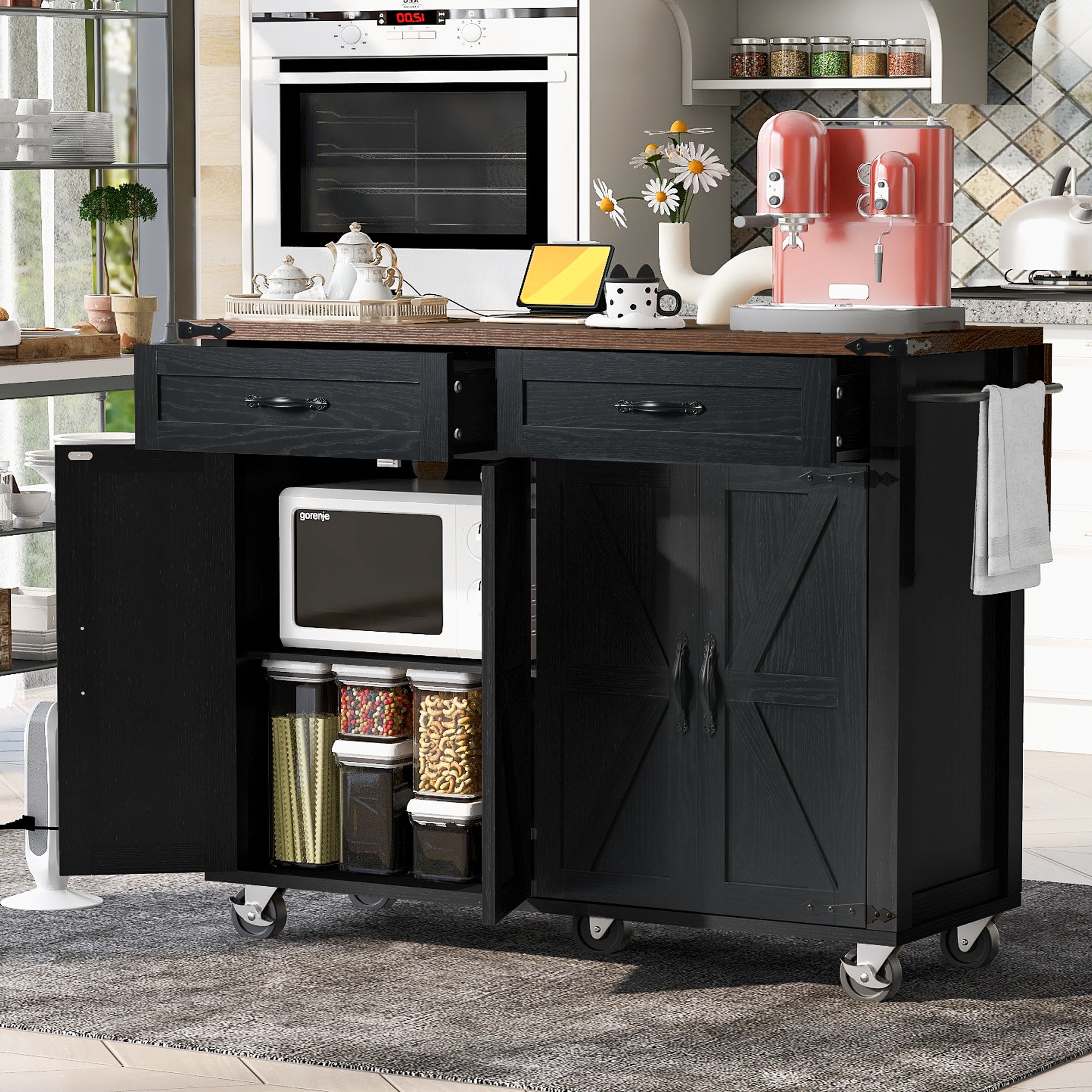 53.5" Farmhouse Kitchen Island w/ Power Outlet & Drop Leaf - Black