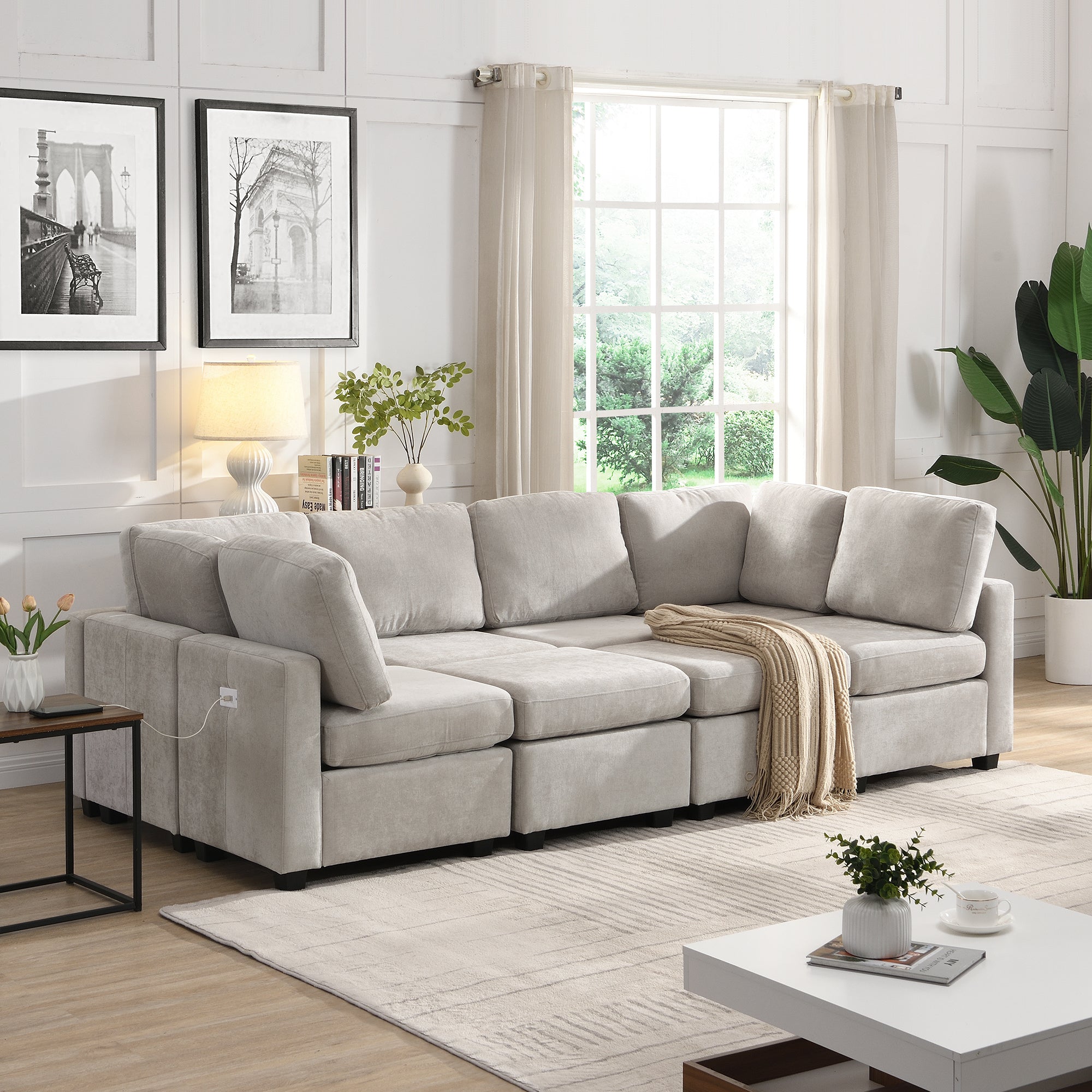 Grey Sectional Sofa: 103" Couch with Ottoman & USB