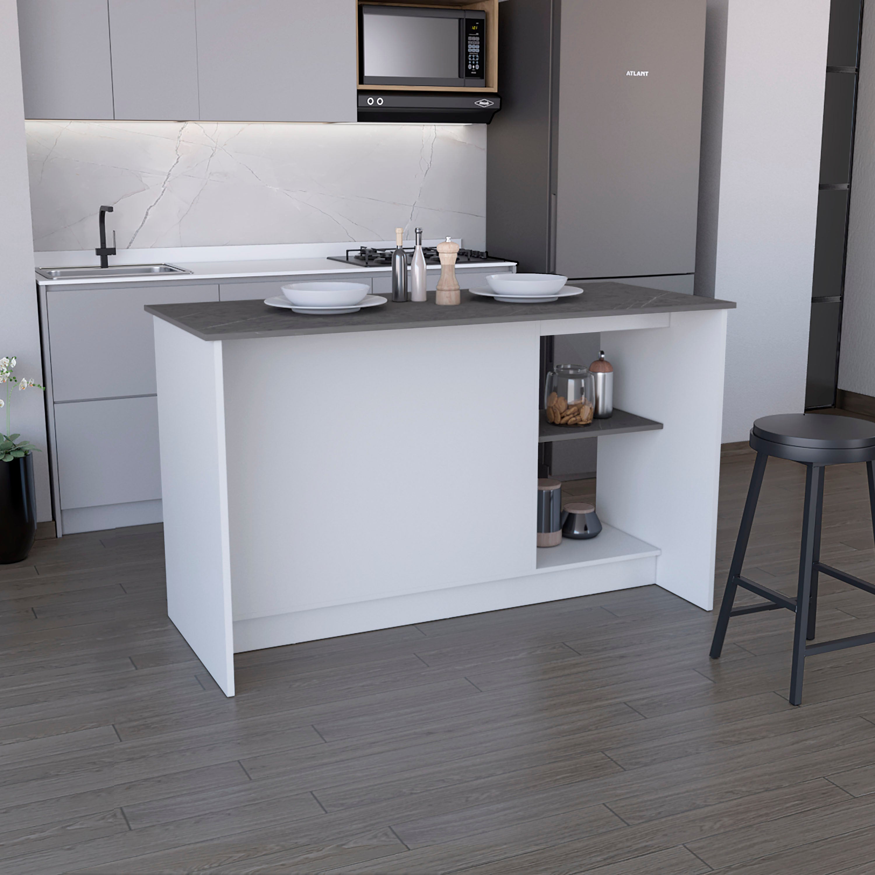 White Kitchen Island w/ Storage & Double Door Cabinet