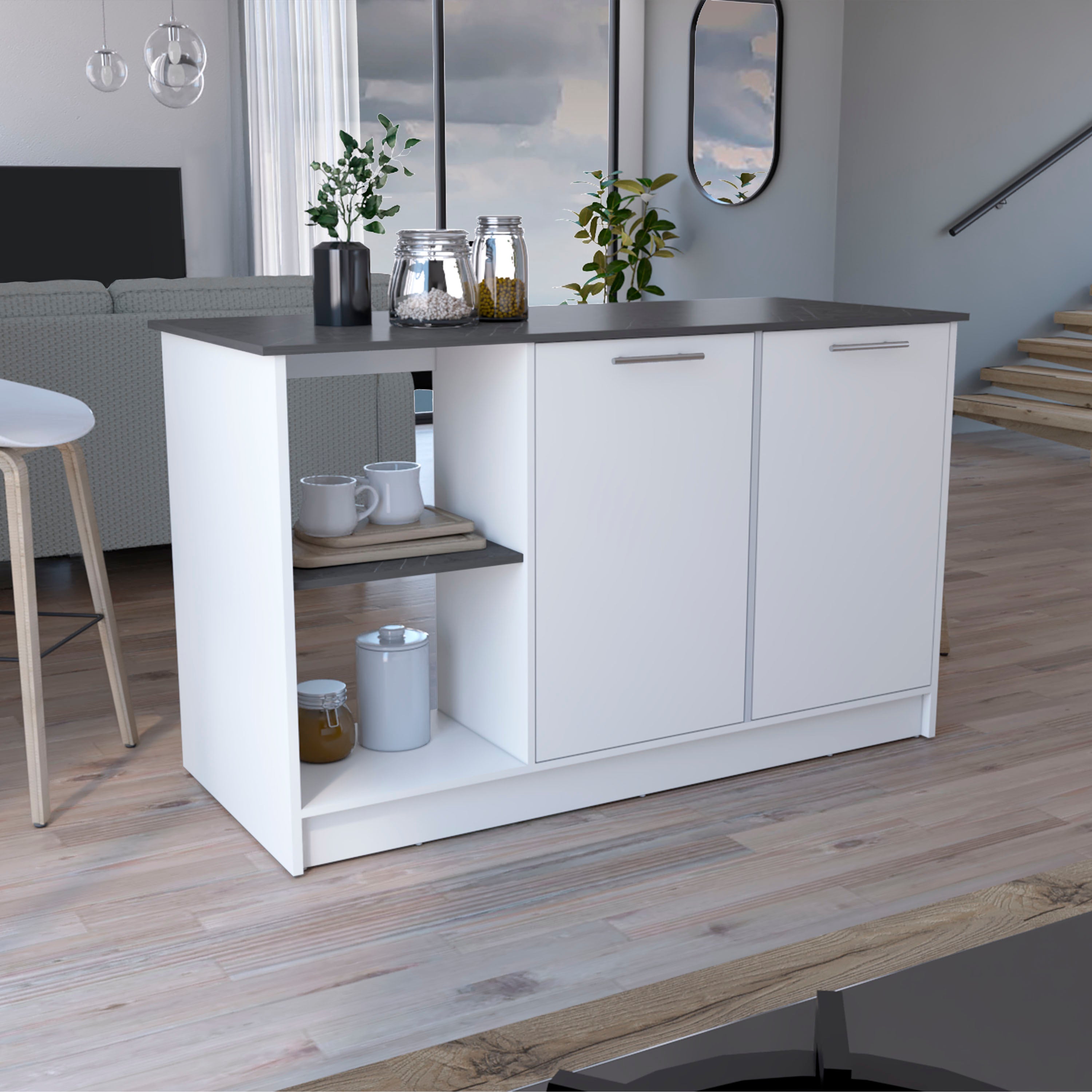 Juniper Kitchen Island, White/Onyx, Large Top, Storage