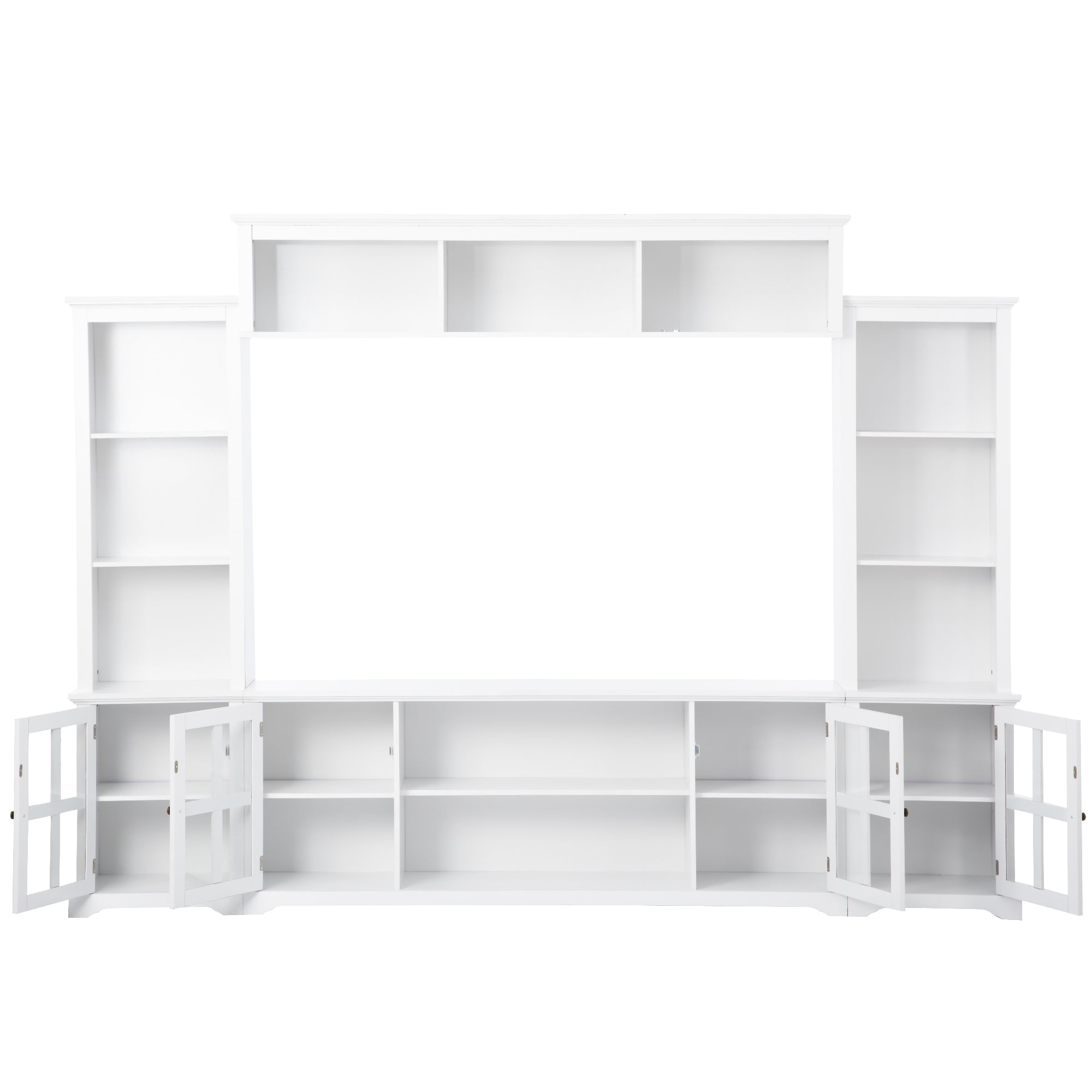 ON-TREND Minimalism Style Entertainment Wall Unit with Bridge, Modern TV Console Table for TVs Up to 70', Multifunctional TV Stand with Tempered Glass Door, White