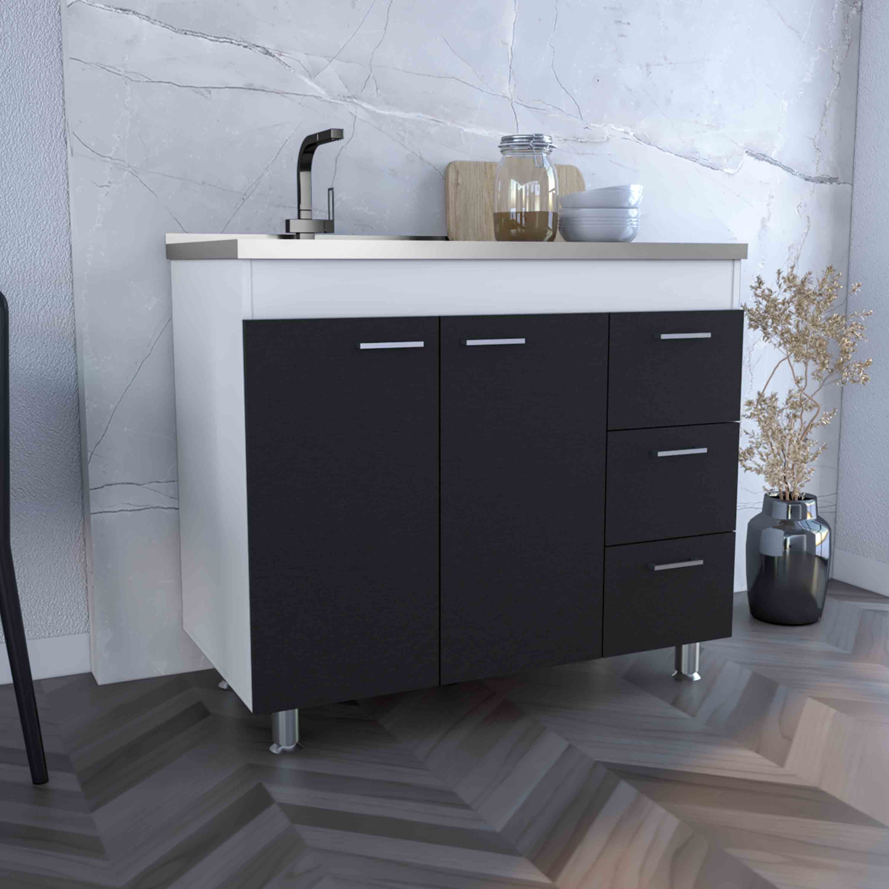 White/Black Base Double Door Cabinet w/ 3 Drawers