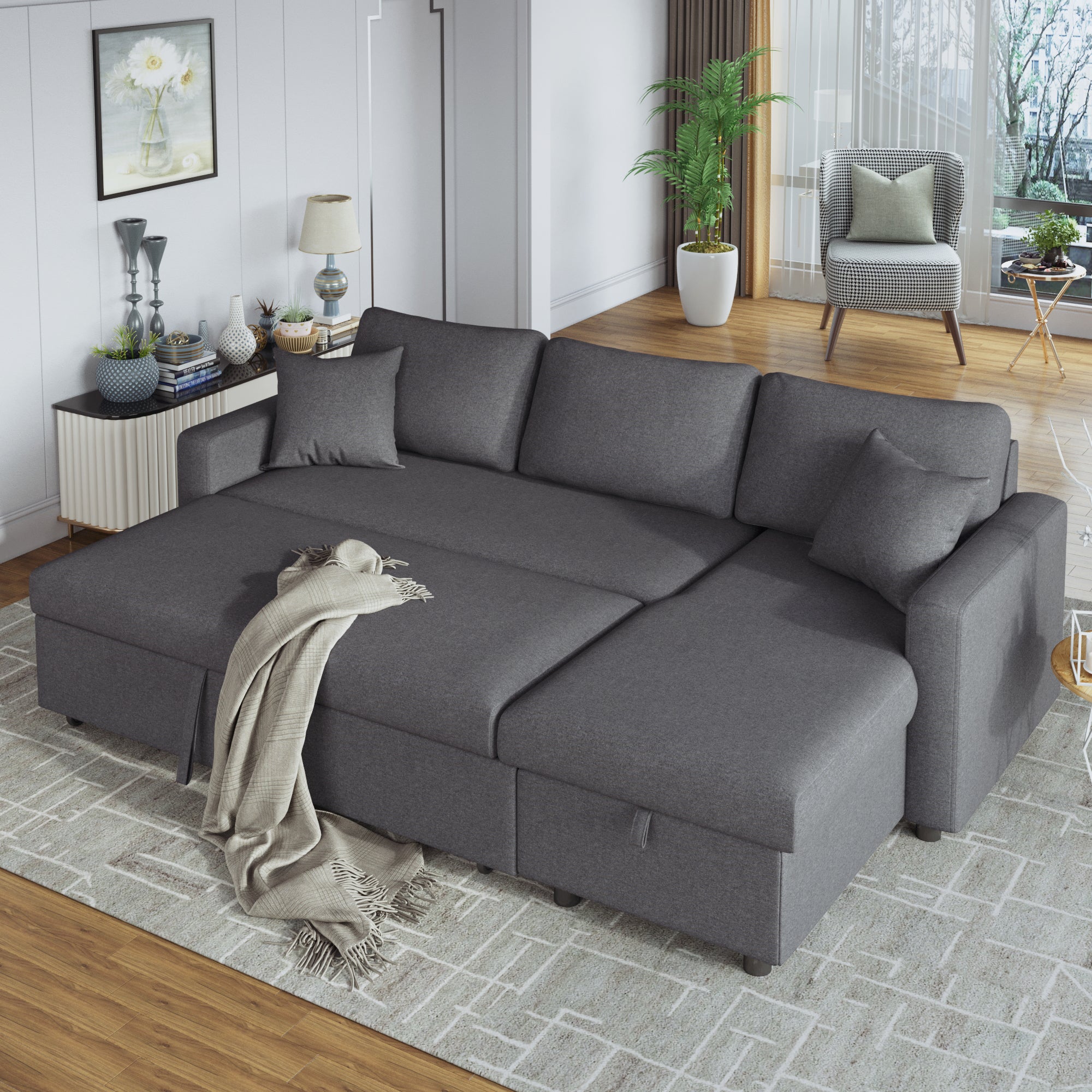 U-Style Grey Sectional Sofa w/ Storage & Cushions