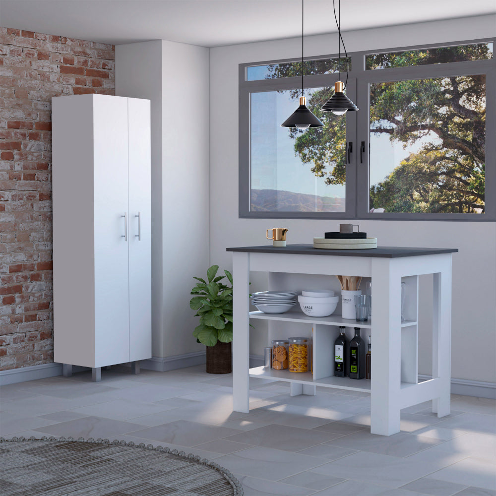 White & Onyx Kitchen Island & Pantry Cabinet Set