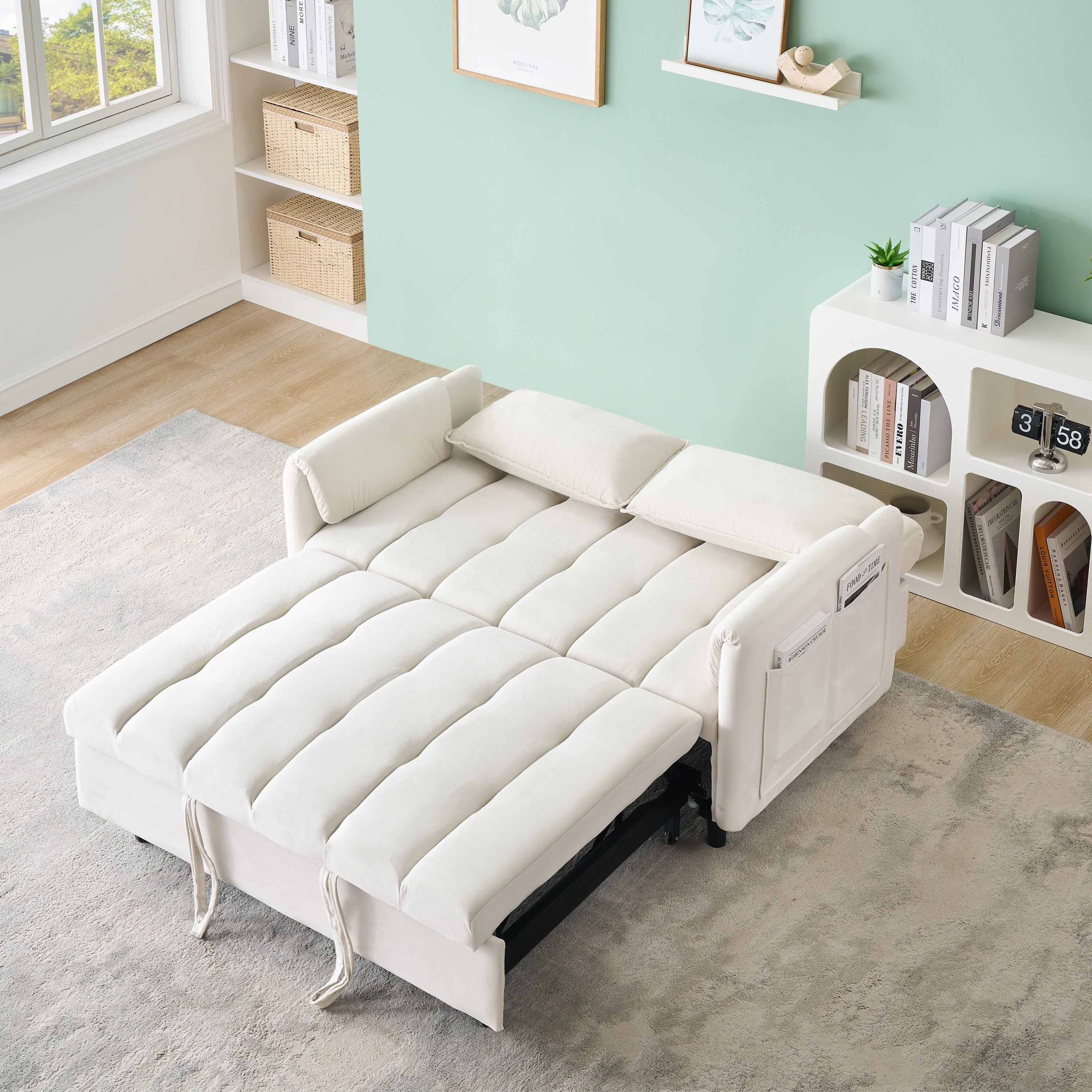 Beige Velvet Sofa Bed: 3-in-1 Convertible