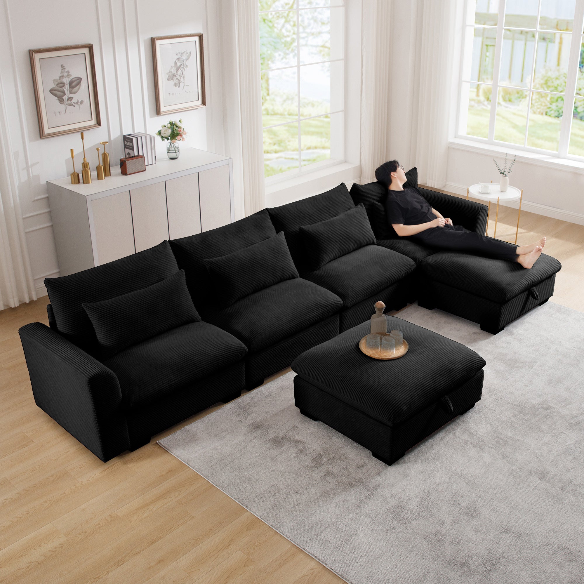 Black Corduroy Sectional Sofa with Storage