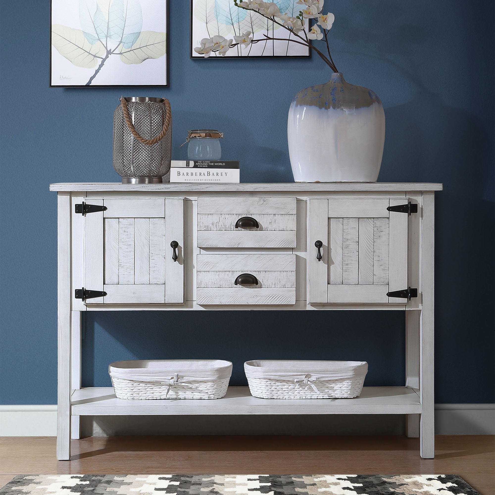 Retro White Sideboard: 48" Solid Wood Console Table