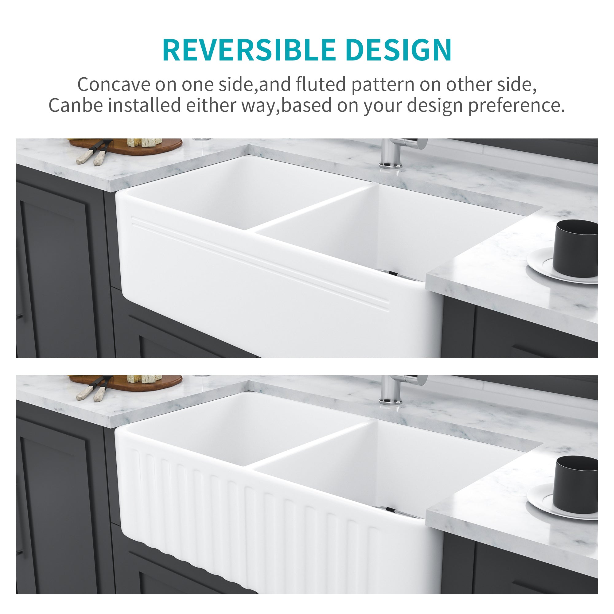 White Farmhouse Sink: 33" Apron Front Double Bowl
