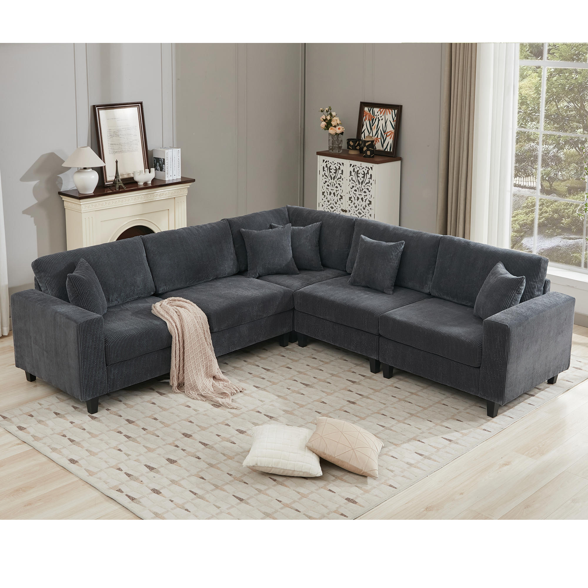 Oversized Modular Sectional Sofa Set, L-Shape Corduroy Couch, Gray