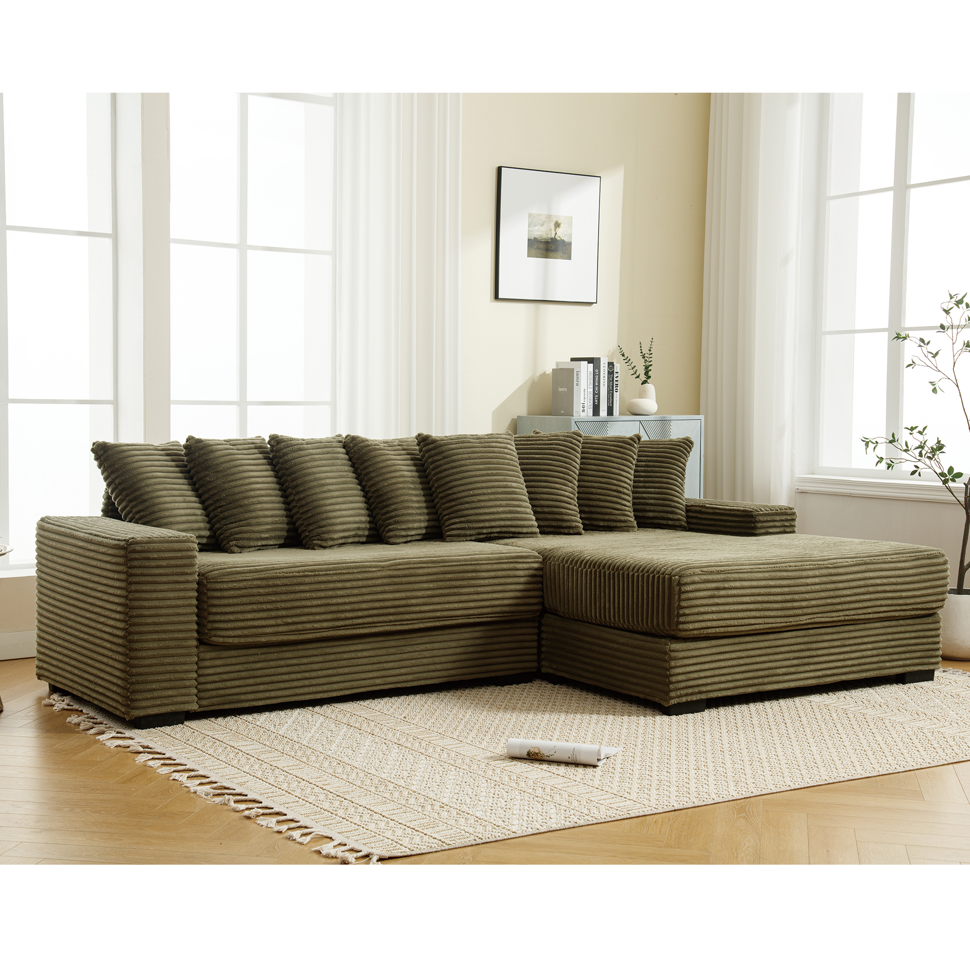 Oversized Corduroy L-Shaped Sofa w/ Chaise & Pillows - Green