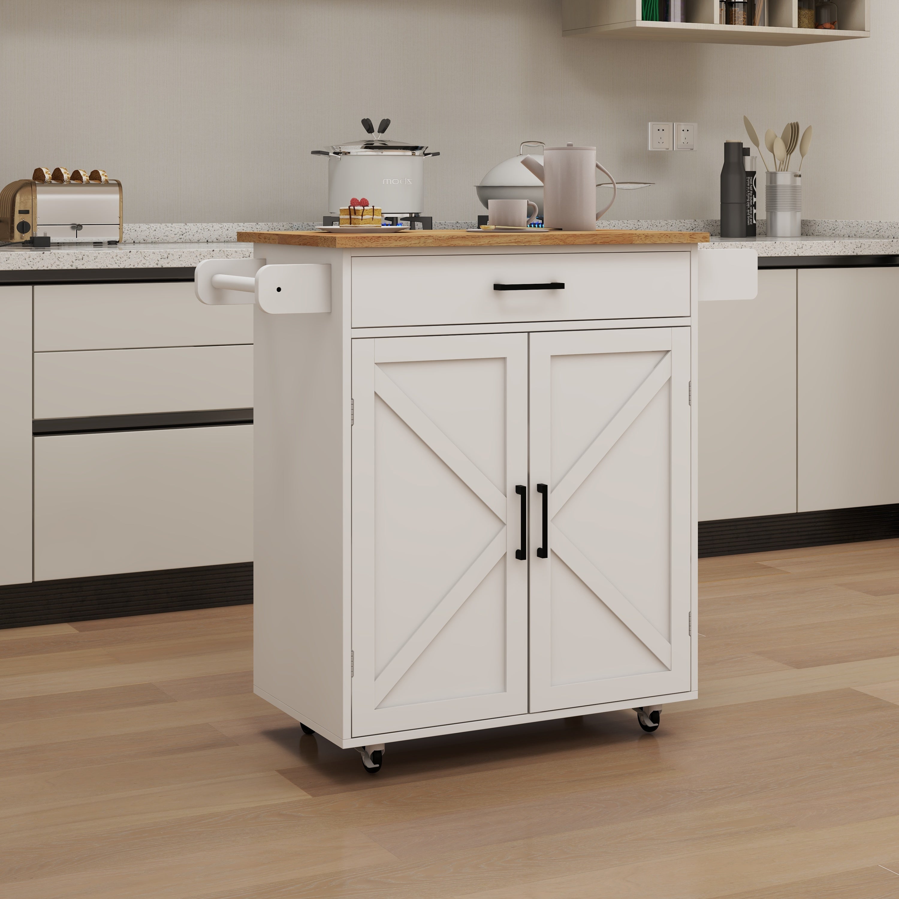 Rolling Kitchen Island Cart, Adjustable Shelves & Rack, Wood Top - White