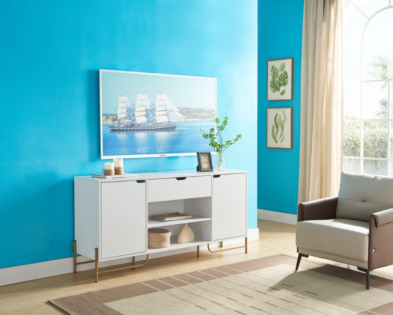 White & Gold Buffet with 2 Cabinets, Drawer & 6 Shelves