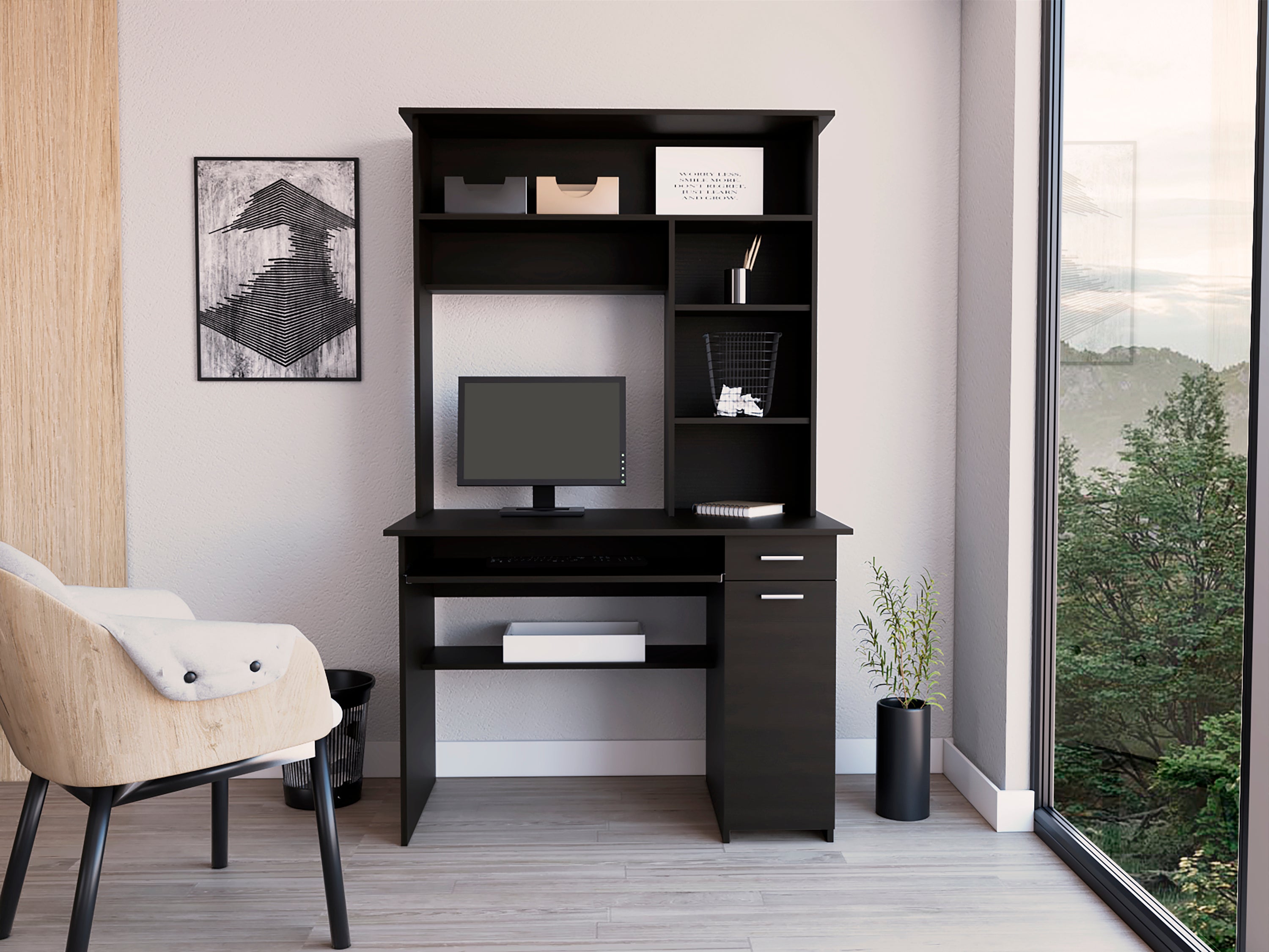 Hutch Desk w/ Keyboard Tray, CPU Storage & Shelves - Black