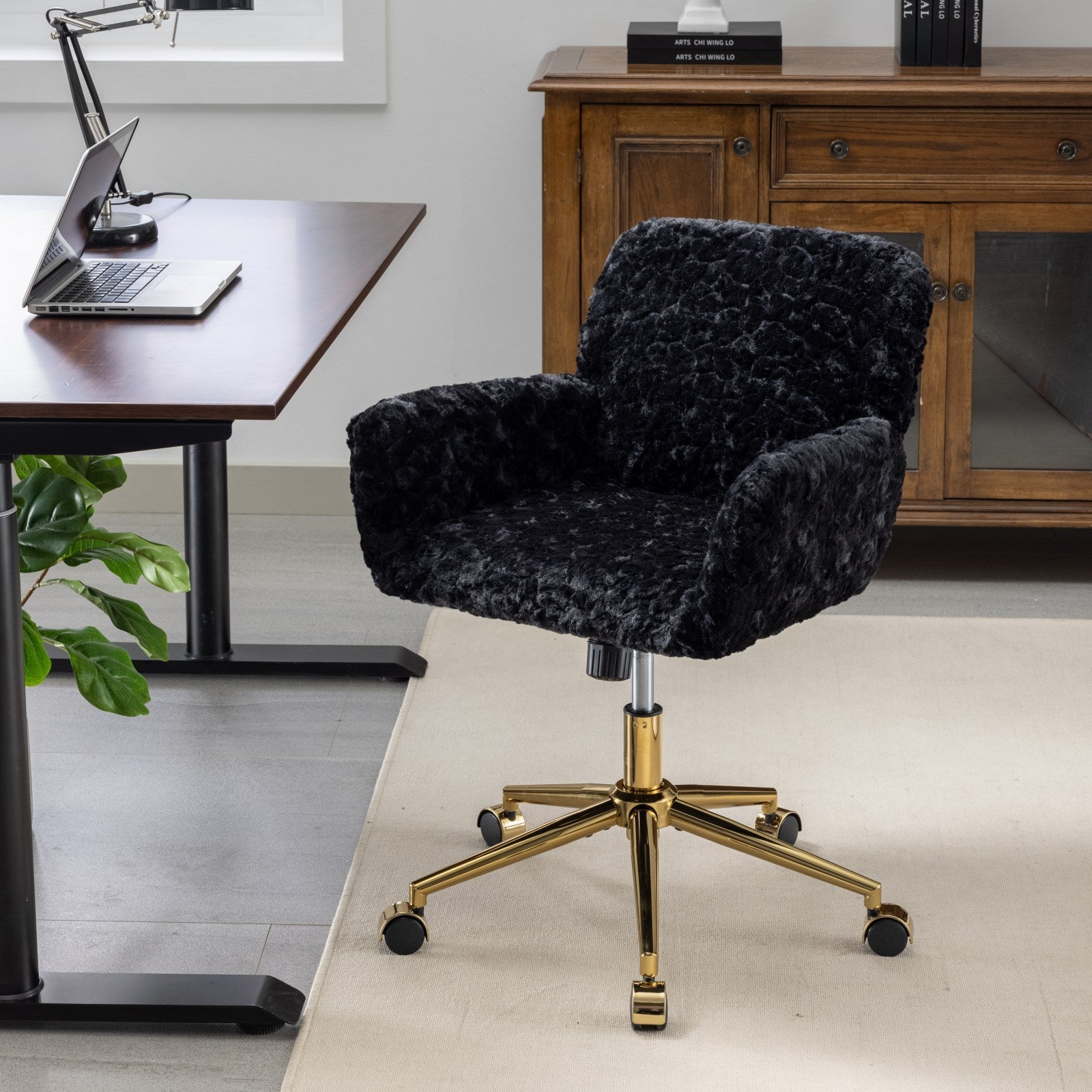 Black Faux Rabbit Fur Office Chair | Gold Base