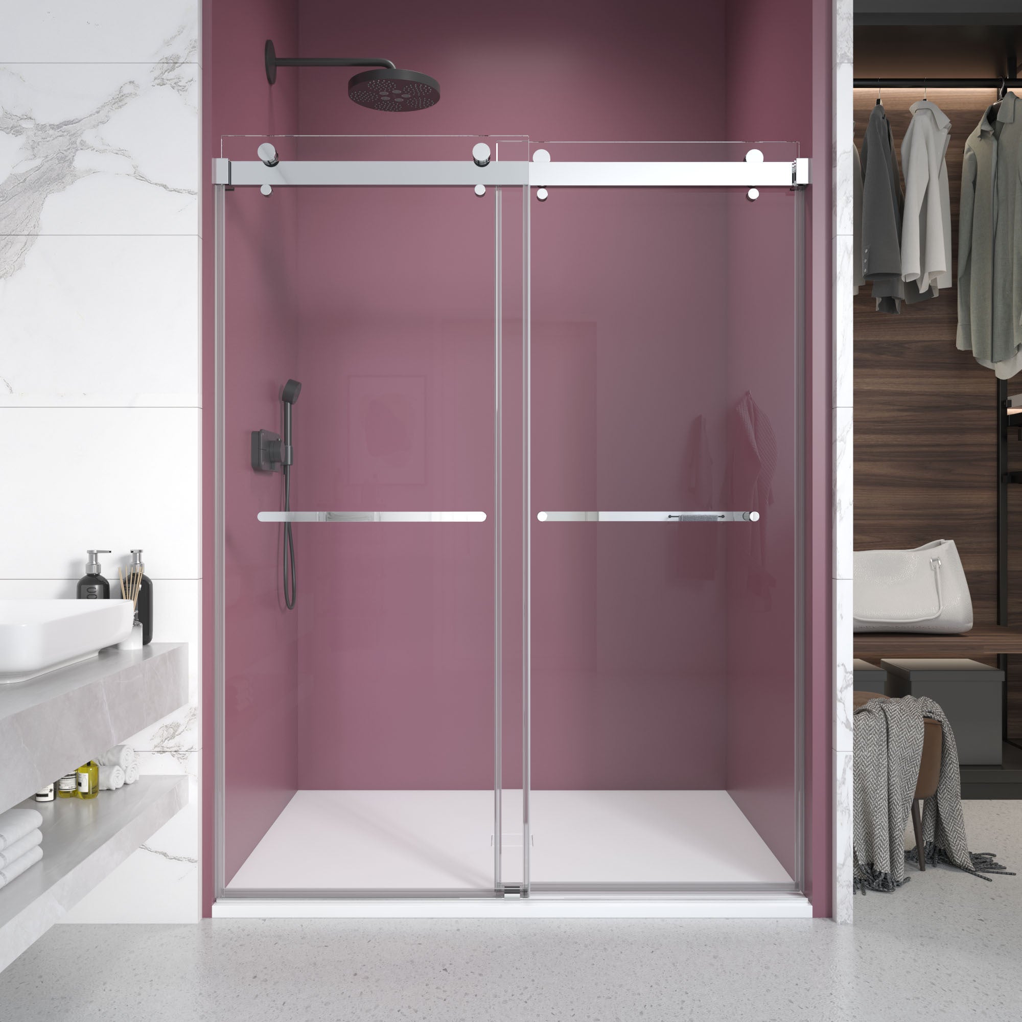 72-76" Frameless Shower Door: 76"H Chrome Glass