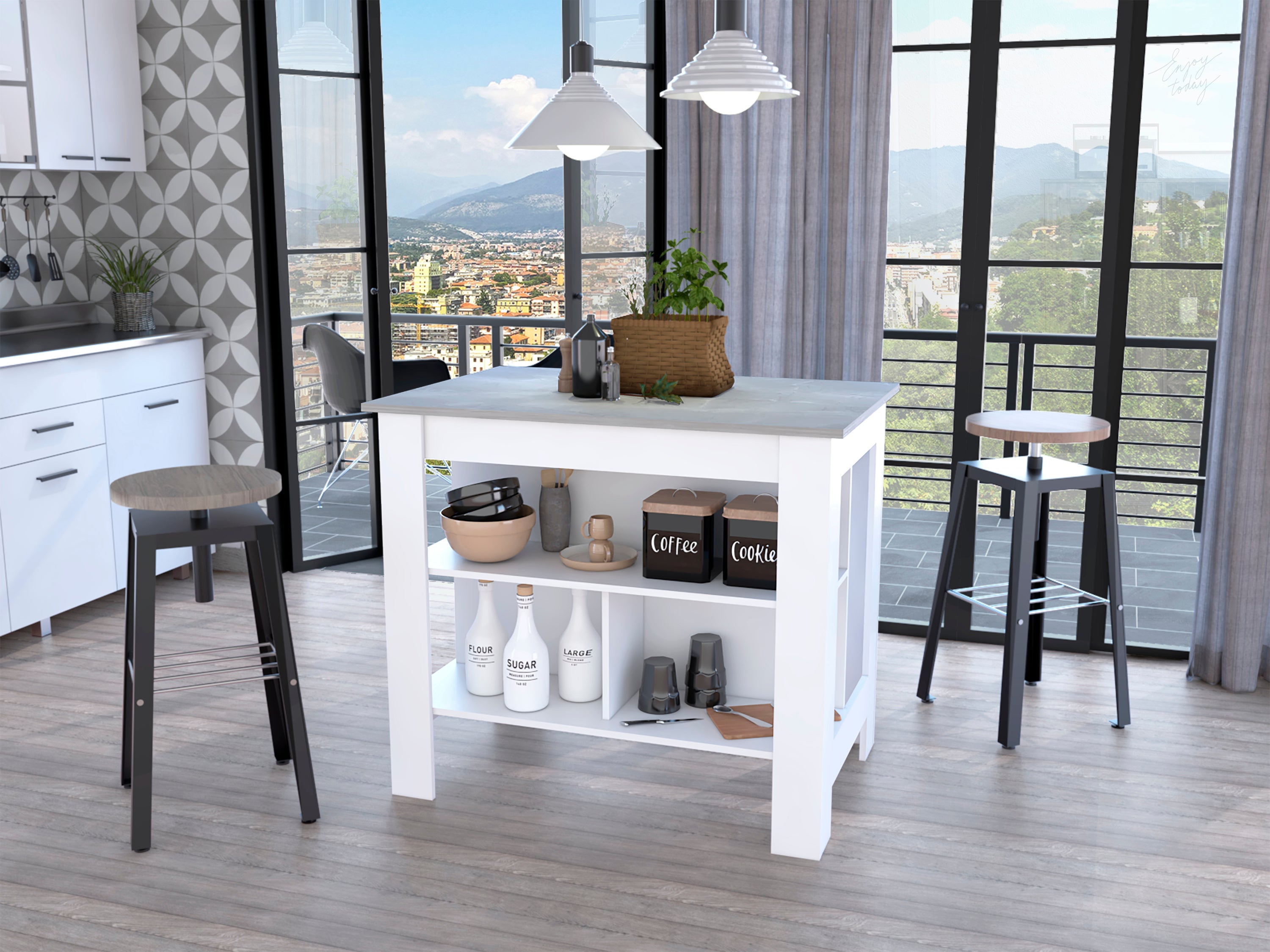 Rockaway White Kitchen Island with Marble Top